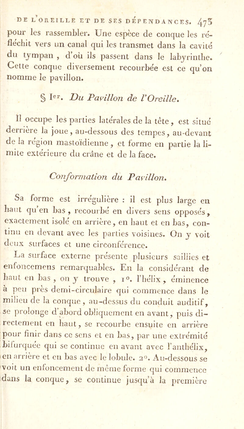 DE L OREILLE ET DE SES DEPENDANCES. ^5 pour les rassembler. Une espèce de conque les ré- fléchit vers un canal qui les transmet dans la cavité du tympan , d où ils passent dans le labyrinthe. Cette conque diversement recourbée est ce qu’on nomme le pavillon. § Ier. Du Pavillon de VOreille. 11 occupe les parties latérales de la tète , est situé dernere la joue, au-dessous des tempes, au-devant de :a région mastoïdienne, et forme en partie la li- mite extérieure du crâne et de la face. Conformation du Pavillon. Sa forme est irrégulière : il est plus large en haut qu en bas, recourbé en divers sens opposés, exactement isolé en arrière, en haut et en bas, con- tinu en devant avec les parties voisines. On y voit deux surfaces et une circonférence. La surface externe présente plusieurs saillies et enfoncemens remarquables. En la considérant de haut en bas , on y trouve , i°. l’hélix, éminence à peu près demi-circulaire qui commence dans le miueu de la conque, au-dessus du conduit auditif, se prolonge d’abord obliquement en avant, puis di- rectement en haut, se recourbe ensuite en arrière pour finir dans ce sens et en bas, par une extrémité biiurquée qui se continue en avant avec Fanthélix, en arrière et en bas avec le lobule. 20. Ati-dessous se voit un enfoncement de même forme qui commence dans la conque, se continue jusqu’à la première