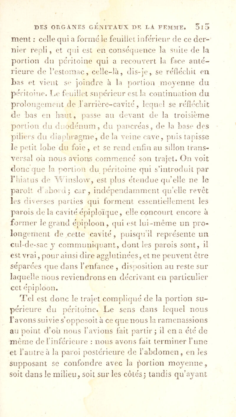 ment : celle aui a formé le feuillet inférieur de ce der-' nier repli, et qui est en conséquence la suite de la portion du péritoine qui a îecouvert la face anté- rieure de l’estomac, celle-là, dis-je, se réflécliit eu bas et vient s<‘ joindre à la porhon moyenne du péritoine. Le feuillet supérieur est la coiilinnalion du prolongement de j arrière-cavité, lequel se réflécliit de bas en haut, passe au devant de la troisième ponion du dnodénnm, du laaiicréas, de la ]>ase des piliers du diapln-agnie, de la veine cave, puis tapisse le petit lobe du foie , et se rend enfin au sillon trans- versal où nous avions commencé son trajet. On voit donc que la portion du péritoine qui s’introduit par riiialüs de Wînslow, est plus étendue qu’elle ne le paroit d aboi'd ; car, indépendamment qu’elle revêt les diverses parties qui forment essentiellement les parois de la cavité épiploïque, elle concourt encore à fo rmer le grand épiploon, qui est lui-même un pro- longement de ^cette cavité, puisqu’il représente un cul-de-sac V communiquant, dont les parois sont, ii est vrai, pour ainsi dire agglutinées, et ne peuvent être séparées que dans l’enfance , disposition au reste sur laquelle nous reviendrons en décrivant en particulier cet épiploon. Tel est donc le trajet compliqué de la portîon su- périeure du péritoine. Le sens dans lequel nous l’avons suivie s’opposolt à ce que nous la ramenassions au point d’où nous l’avions fait partir ; il en a été de même de l’inférieure : nous avons fait terminer l’ime et l’autre à la paroi postérieure de l’abdomen, en les supposant se confondre avec la portion moyenne, soit dans le milieu, soit sur les côlésq tandis qu’ayant