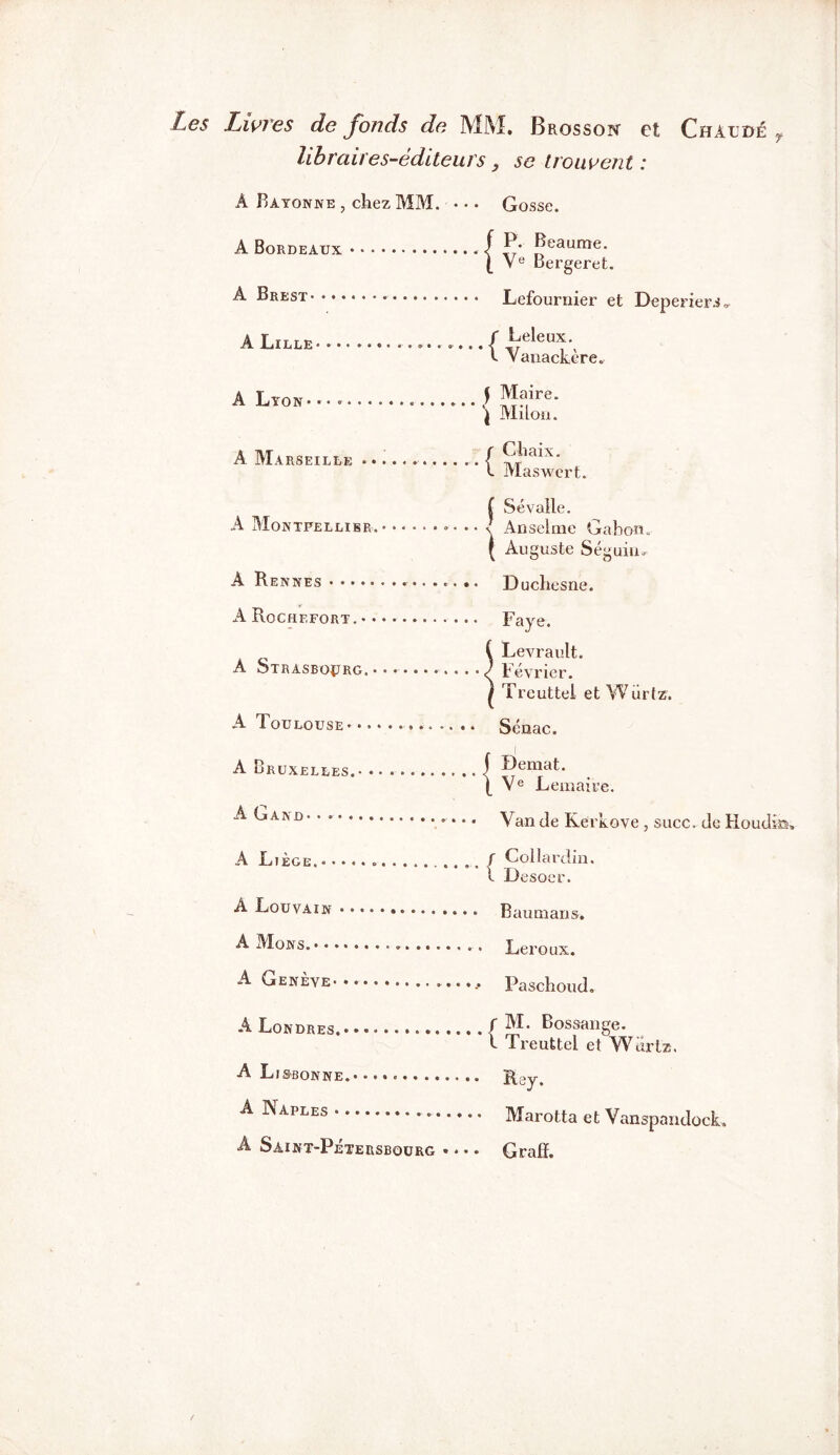 Les livres de fonds de MM. Brosson et Chaldé f libraire s-editeurs} se trouvent : A Bayonne , chez MM. A Bordeaux A Brest A Lille* Gosse. f P. Beaume. \ Ve Bergeret. Lefournier et Deperiers^ f Leleux. I Vanackère. A Lyon ••••••• A Marseille . • A Montpellier, A Rennes * •... A Rochefort. • • A Strasbourg. ■ A Toulouse* • * A Bruxelles.- • A Gand - ...... A Liège. . À Louvain • •. • A Mons. A Genève* • • • f Maire. ^ Milon. r Chaix. I Maswerf. ( Sévalle. \ Anselme Gabon. ( Auguste Séguin* Duchesne. Faye. ( Levrault. J Février. | Treuttel et Wiirtz. Sénac. f Demat. \ Ve Lemaire. Van de Kerkove , suce, de Houdia» r Collardin. I Desoer. Baumans. Leroux. Paschoud. A Londres. A Li&bonne A Naples • A Saint-Pétersbourg f M. Bossange. I Treuttel et Wiirtz. Ray. Marotta et Vanspandock. Grafï. • * « *