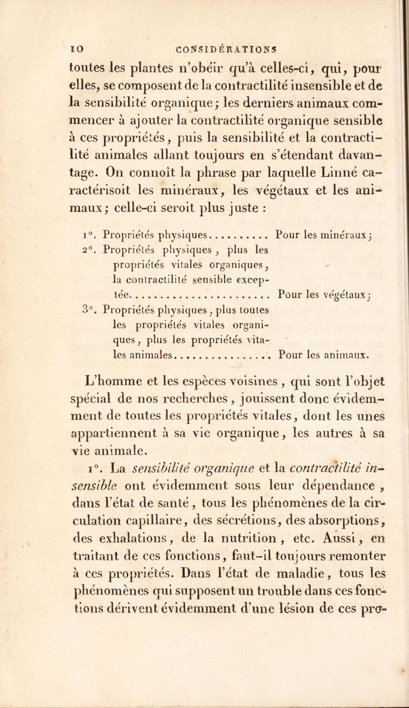 toutes les plantes n’obéir qu’à celles-ci, qui, pour elles, se composent de la contractilité insensible et de la sensibilité organique ; les derniers animaux com- mencer à ajouter la contractilité organique sensible à ces propriétés, puis la sensibilité et la contracti- lité animales allant toujours en s’étendant davan- tage. On connoît la phrase par laquelle Linné ca- ractérisoit les minéraux, les végétaux et les ani- maux; celle-ci seroit plus juste : i°. Propriétés physiques Pour les minéraux; 2°. Propriétés physiques , plus les propriétés vitales organiques, la contractilité sensible excep- tée Pour les végétaux; 3°. Propriétés physiques , plus toutes les propriétés vitales organi- ques , plus les propriétés vita- les animales Pour les animaux. L’homme et les espèces voisines , qui sont l’objet spécial de nos recherches, jouissent donc évidem- ment de toutes les propriétés vitales, dont les unes appartiennent à sa vie organique, les autres à sa vie animale. i°. La sensibilité organique et la contractilité in- sensible ont évidemment sous leur dépendance , dans l’état de santé, tous les phénomènes de la cir- culation capillaire, des sécrétions, des absorptions, des exhalations, de la nutrition, etc. Aussi, en traitant de ces fonctions, faut-il toujours remonter à ces propriétés. Dans l’état de maladie, tous les phénomènes qui supposent un trouble dans ces fonc- tions dérivent évidemment d’une lésion de ces prcr-