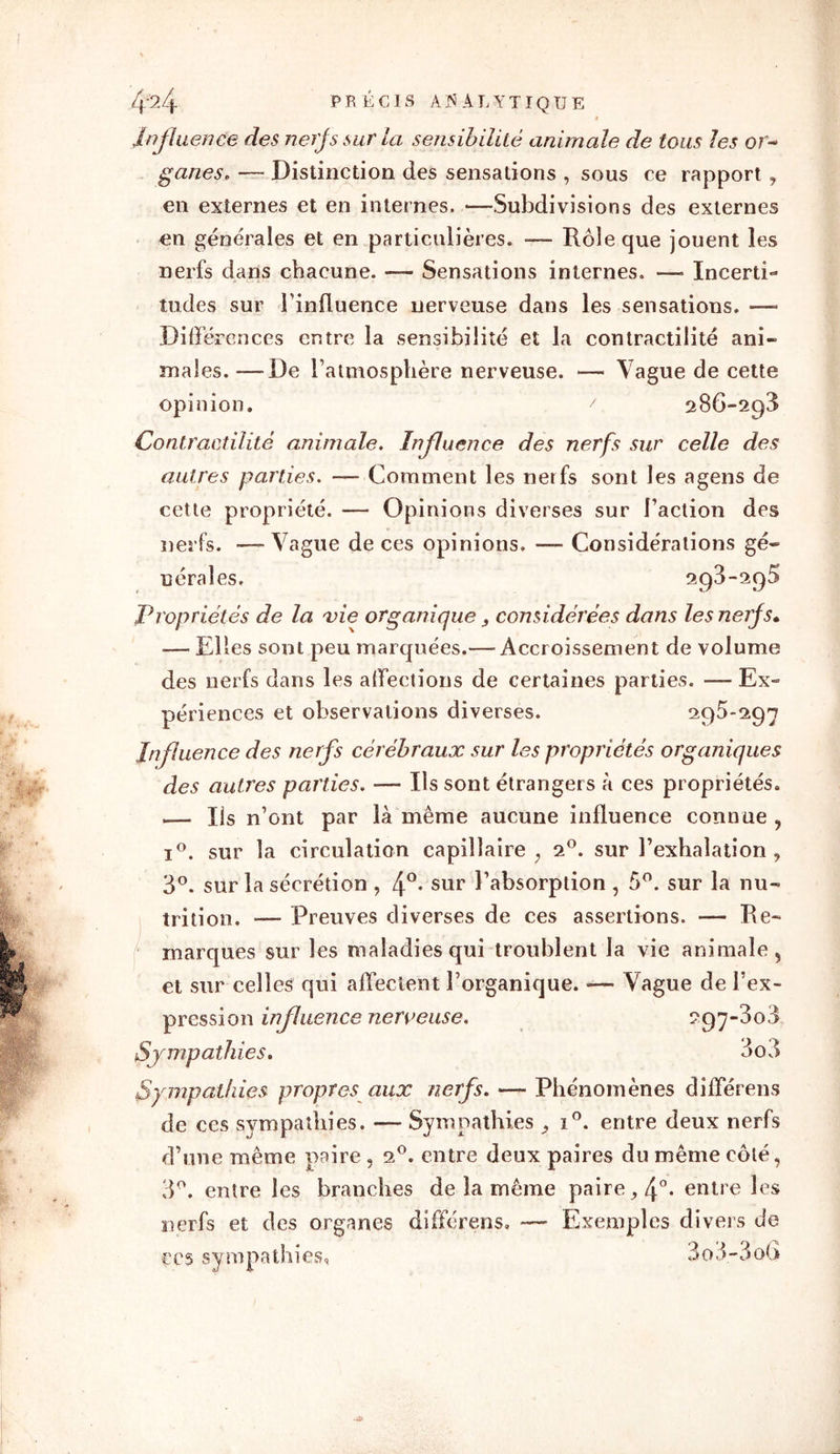 4-24 PRÉCIS A JS A LYTIQUE * Inf luence des nerf s sur la sensibilité animale de tous les or- ganes. — Distinction des sensations , sous ce rapport , en externes et en internes. —Subdivisions des externes en générales et en particulières. — Rôle que jouent les nerfs dans chacune. — Sensations internes. — Incerti- tudes sur l'influence nerveuse dans les sensations. —-- Différences entre la sensibilité et la contractilité ani- males.— De l’atmosphère nerveuse. — Vague de cette opinion. / 286-293 Contractilité animale. Influence des nerfs sur celle des autres parties. — Comment les nerfs sont les a gens de cette propriété. — Opinions diverses sur l’action des nerfs. —-Vague de ces opinions. — Considérations gé- nérales. 293-295 Propriétés de la vie organique , considérées dans les nerfs. — Elles sont peu marquées.— Accroissement de volume des nerfs dans les affections de certaines parties. — Ex- périences et observations diverses. 295*297 Influence des nerfs cérébraux sur les propriétés organiques des autres parties. — Ils sont étrangers à ces propriétés. .— Ils n’ont par là même aucune influence connue , i°. sur la circulation capillaire ; 20. sur l’exhalation , 3°. sur la sécrétion , 4°- sur l’absorption , 5°. sur la nu- trition. — Preuves diverses de ces assertions. — Re- marques sur les maladies qui troublent la vie animale, et sur celles qui affectent l’organique. — Vague de l’ex- pression influence nerveuse. ?gj-3o3 Sympathies. 3o 3 Sympathies propres aux nerfs. — Phénomènes différens de ccs svmpathies. — Sympathies , i°. entre deux nerfs d’une même paire , 20. entre deux paires du même côté, 3°. entre les branches de la même paire 4°* entre les nerfs et des organes différens. — Exemples divers de ccs sympathies, 3o3.-306