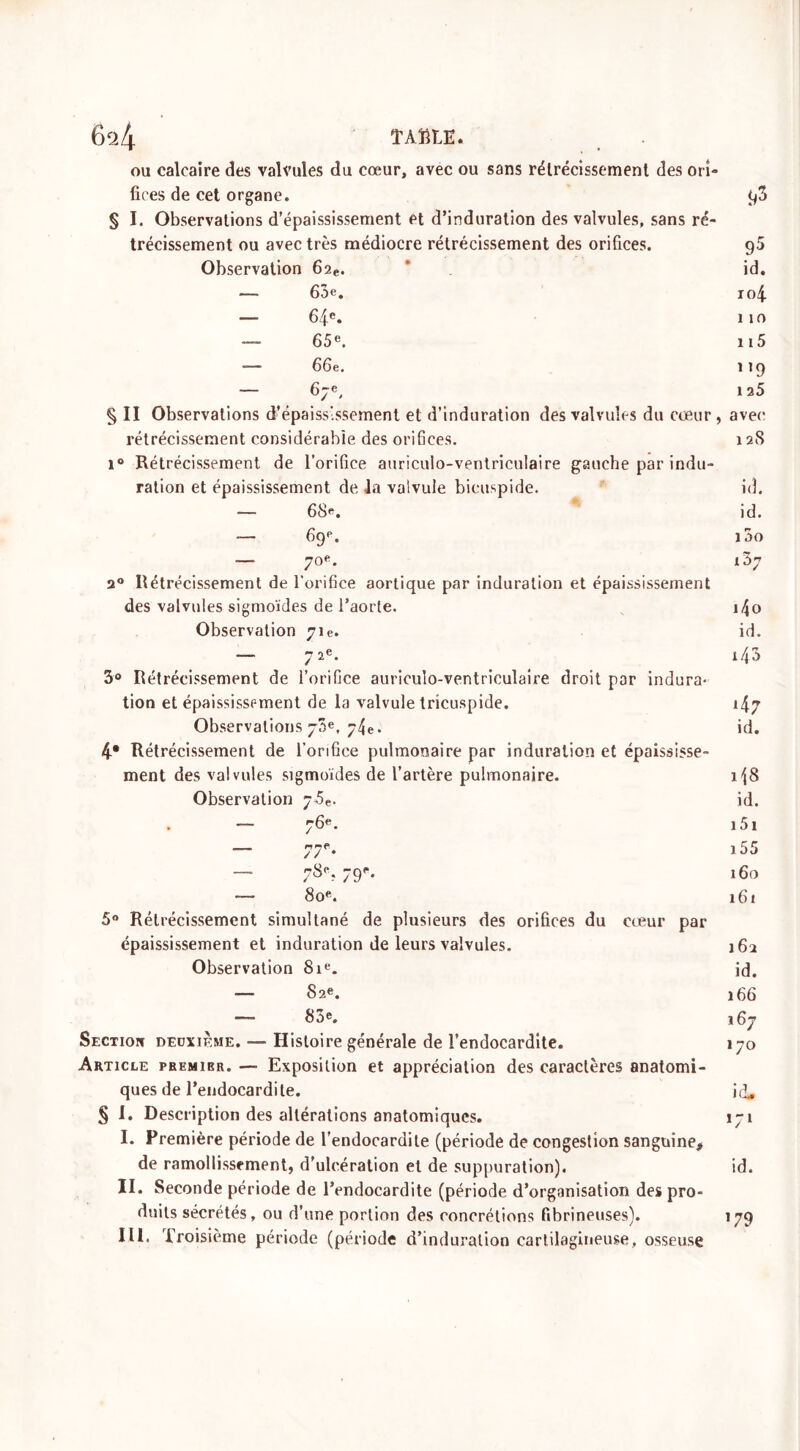 ou calcaire des valvules du cœur, avec ou sans rétrécissement des ori- fices de cet organe. ^3 § I. Observations d’épaississement et d’induration des valvules, sans ré- trécissement ou avec très médiocre rétrécissement des orifices. g5 Observation 62e. * id. — 63e. io4 — 64e. i jo — 65e. u5 — 66e. 119 — 67e, 125 § II Observations d’épaississement et d’induration des valvules du cœur , avec rétrécissement considérable des orifices. 12S i° Rétrécissement de l’orifice auriculo-ventriculaire gauche par indu- ration et épaississement de Ja valvule bicuspide. id. — 68e. id. *— 69e. 100 — 70e. 137 20 Rétrécissement de l'orifice aortique par induration et épaississement des valvules sigmoïdes de l’aorte. Observation 71e. — -T 0e / 1 * 3° Rétrécissement de l’orifice auriculo-ventriculaire droit par indura- tion et épaississement de la valvule tricuspide. Observations 73e, 74e. 4* Rétrécissement de l’orifice pulmonaire par induration et épaississe- ment des valvules sigmoïdes de l’artère pulmonaire. Observation 75e. — 76e. — 77e- — 7Se? 79r* — 80e. 5° Rétrécissement simultané de plusieurs des orifices du cœur par épaississement et induration de leurs valvules. Observation 81e. — 82e. — 83e. Section deuxième. — Histoire générale de l’endocardite. Article premier. — Exposition et appréciation des caractères anatomi- ques de l’endocardite. § I. Description des altérations anatomiques. I. Première période de l’endocardite (période de congestion sanguine, de ramollissement, d’ulcération et de suppuration). II. Seconde période de l’endocardite (période d’organisation des pro- duits sécrétés, ou d’une portion des concrétions fibrineuses). III. Troisième période (période d’induration cartilagineuse, osseuse i4o id. i/|3 147 id. ii8 id. 151 155 160 161 162 id. 166 167 170 171 id. 179