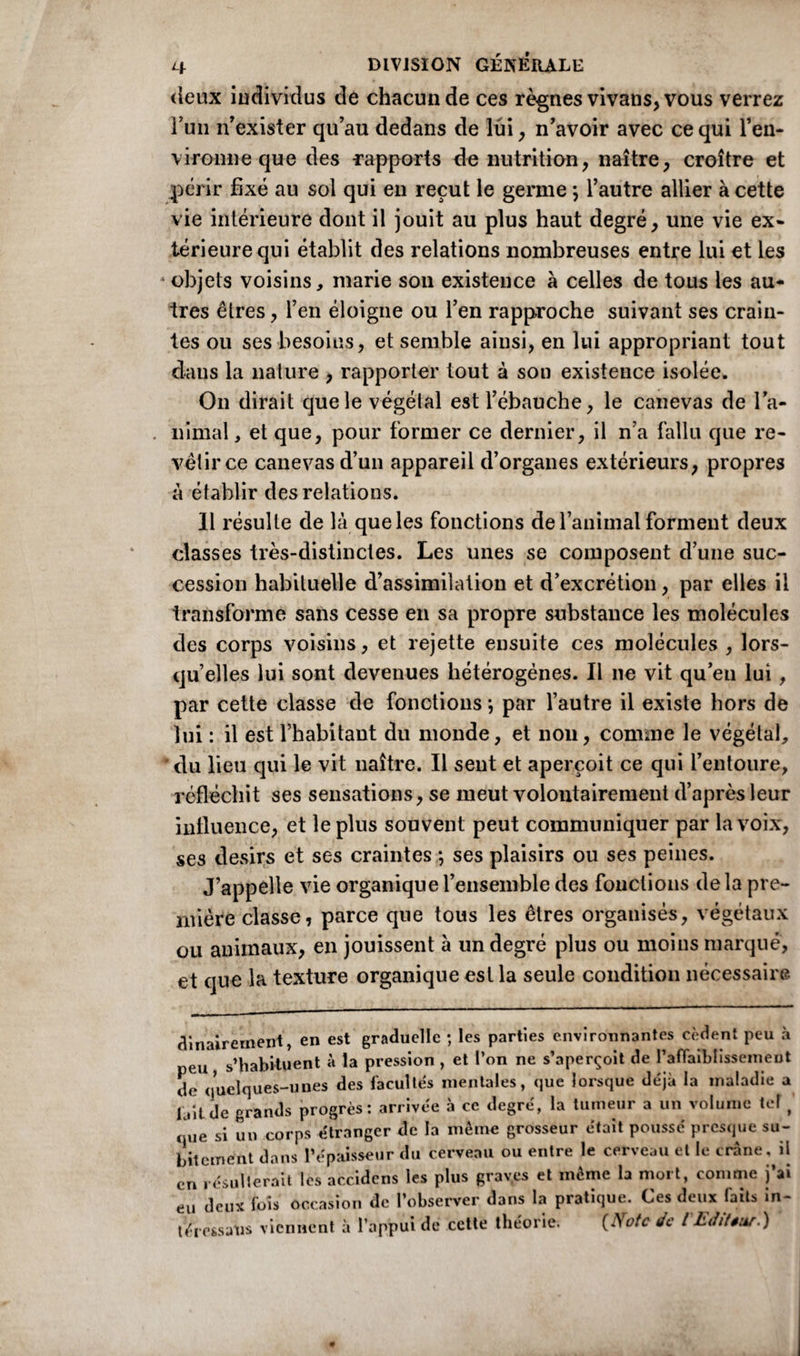 deux individus de chacun de ces règnes vivans, vous verrez l'un n’exister qu'au dedans de lui, n'avoir avec ce qui l'en¬ vironne que des rapports dénutrition, naître, croître et périr fixé au sol qui en reçut le germe *, l’autre allier à cette vie intérieure dont il jouit au plus haut degré, une vie ex¬ térieure qui établit des relations nombreuses entre lui et les objets voisins, marie son existence à celles de tous les au¬ tres êtres, l’en éloigne ou l’en rapproche suivant ses crain¬ tes ou ses besoins, et semble ainsi, en lui appropriant tout dans la nature , rapporter tout à son existence isolée. On dirait que le végétal est l’ébauche, le canevas de 1 a- . nimal, et que, pour former ce dernier, il n’a fallu que re¬ vêtir ce canevas d’un appareil d’organes extérieurs, propres à établir des relations. 11 résulte de là que les fonctions de ranimai forment deux classes très-distinctes. Les unes se composent d’une suc¬ cession habituelle d’assimilation et d’excrétion, par elles il transforme sans cesse en sa propre substance les molécules des corps voisins, et rejette ensuite ces molécules , lors¬ qu’elles lui sont devenues hétérogènes. Il ne vit qu’en lui , par cette classe de fonctions} par l’autre il existe hors de lui : il est l’habitant du monde, et non, comme le végétal, du lieu qui le vit naître. Il sent et aperçoit ce qui l’entoure, réfléchit ses sensations, se meut volontairement d’après leur influence, et le plus souvent peut communiquer par la voix, ses désirs et ses craintes -, ses plaisirs ou ses peines. J’appelle vie organique l’ensemble des fonctions de la pre¬ mière classe, parce que tous les êtres organisés, végétaux ou animaux, en jouissent à un degré plus ou moins marqué, et que la texture organique est la seule condition nécessaire dinairetnent, en est graduelle ; les parties environnantes cèdent peu à peu s’habituent à la pression , et l’on ne s’aperçoit de l’afïaiblissenieut de quelques-unes des facultés mentales, que lorsque déjà la maladie a K,itde grands progrès: arrivée à ce degré, la tumeur a un volume tel / que si un corps étranger de la même grosseur était poussé presque su¬ bitement dans l’épaisseur du cerveau ou entre le cerveau et le crâne, il en résulterait les accidens les plus graves et même la mort, comme j’ai eu deux fois occasion de l’observer dans la pratique. Ces deux faits in- lére&satis viennent à l’appui dé cette théorie. (Note de lbditêur.')