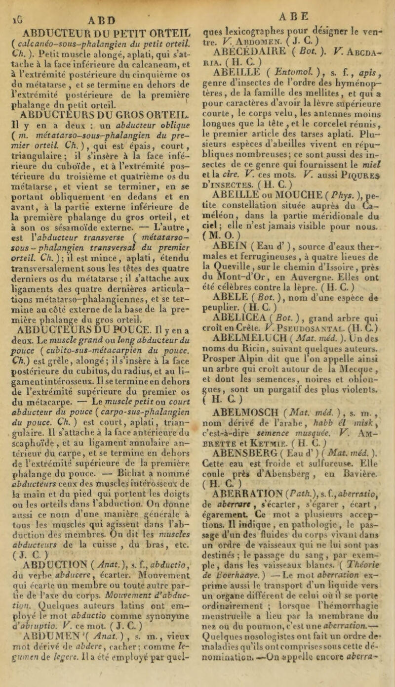 iG ABD ABDUCTEUR DU PETIT OBTEIU ( Cilleanéo-sous-phalangîen du petit orteil. Ch. ). Pelil muscle alongc, aplali, qui s’at- tache à la face inferieure du ralcaneuni, et à l’extrémité postérieure du cinquième os du métatarse , et se termine en dehors de l’extrémité postérieure de la première phalange du petit orteil. ABDUCTEURS DU GROS ORTEIL. Il y en a deux : un abducteur oblique ( m. métatarso-sous-phalangien du pre- mier orteil. C'A. ), qui est épais, court, triangulaire ; il s’insère à la face infé- rieure du cuboïde, et à l’exlremité pos- térieure du troisième et quatrième os du métalarsc, et vient se terminer, en se portant obliquement en dedans et en avant, à la partie externe inférieure de la première phalange du gros orteil, et à son os sésamoïde externe. — L’autre, est Vabducteur transverse ( métatarso- sous-phalangien transversal du premier orteil. Ch. ) ; il est mince , aplati, étendu transversalement sous les têtes des quatre derniers os du métatarse ; il s’attache aux ligaments des quatre dernières articula- tions métatarso-phalangiennes, et se ter- mine au côté externe de la base de la pre- mière phalange du gros orteil. ABDUCTEURS DU POUCE. Il y en a deu.x. Ije muscle grand ou long abducteur du pouce ( cubito-sus-métacarpien du pouce. Ch.) est grêle, alongé ; il s’insère à la face postérieure du cubitus, du radius, et au li- gamentintérosseux. Il se termine en dehors de l’extrémité supérieure du premier os du métacarpe. — L,e muscle petit ou court abducteur du pouce ( carpo-sus-phalatigien du pouce. Ch. ) est court, aplati, trian- gulaire. Il s’attache à la face antérieure du scaphoïde , et au ligament annulaire an- térieur du carpe, et se termine en dehors de l’extrémité supérieure de la première phalange du pouce. — Bichat a nommé abducteurs ceux des muscles interosseux de la main cl du pied qui portent les doigts ou les orteils dans 1 abduction. On donne aussi ce nom d’une manière générale à tous les muscles qui agissent dans l’ab- duction des membres. On dit les muscles abducteurs de la cuisse , du bras, etc. ( J. C. ) ABDUCTION ( Ànat.), s. f.,abduc:io, du verbe abduccrc, écarter. Mouvement c^ui écarte un membre ou toute autre par- tie de l’axe du corps. Mouvement d’abduc- tion. Quelques auteurs latins ont em- ployé le mot abductio comme synonyme aabiuptio. y. ce mot. ( J. C. ) ABDUMEN'( Anat.) , s. m., vieux mot dérivé de abdere, cacher; comme le- guiren de Icgere. lia été einployc par quel- ABE ques lexicographes pour de'signcr le ven- tre. V. AnuoaiEN. ( J. C. ) ABÉCÉDAIRE ( Bot. ). V. Abcda- RI\. ( 11. C. ) ABEILLE ( Entvmol. ), s. f., apis, genre d’insectes de l’ordre des hyménop- tères , de la famille des mellites, et qui a pour caractères d’avoir la lèvre supérieure courte, le corps velu, les antennes moins longues que la tête ,et le correlet réunis, le premier article des tarses aplati. Plu- sieurs espèces d’abeilles vivent en répu- bliques nombreuses; ce sont aussi des in- sectes de ce genre qui fournissent le miel et la cire. V. ces mots. y. aussi PiQURE» d’insectes. ( H. C. ) ABEILLE ou xMOUCIIE ( Phys. ), pe- tite constellation située auprès du Ca- méléon, dans la partie méridionale du ciel ; elle n’est jamais visible pour nous. ( M. O. ) ABEIN ( Eau d’) , source d’eaux ther- males et ferrugineuses , à quatre lieues de la Queville , sur le chemin d’Issoire , près du Mont-d’Or, en Auvergne. Elles ont été célèbres contre la lèpre. ( IL C. ) ABELE ( Bot. ), nom d’une espèce de peuplier. ( H. C. ) ABELICEA ( Bot. ) , giand arbre qui croît en Crête, y. Pseudosant.VL. (H. C.) ABELMELUCH ( Mat. méd. ). Un des noms du Ricin, suivant (quelques auteurs. Prosper Alpin dit que Ion appelle ainsi un arbre qui croît autour de la Mecque , et dont les semences, noires et oblon- gues, sont un purgatif des plus violents. ( H. G ) ABELMOSCH (Mat. méd.), s. m., nom dérivé de l’arabe, habb cl misk, c’est-à-dire semence musquée. V. Ayi- ERETTE et Ketmie. ( U. C. ) ABENSBERG ( Eau d’) ( Mat. méd. ). Cette eau est froide et sulfureuse. Elle coule près d’Abensberg , en Bavière. ( H. C. ) ABERRATION (Path.), s. (.,aberratio, de aberrare , s’écarter, s’égarer , écart , égarement Ce mot a plusieurs accep- tions. Il indique , en pathologie , le pas- sage d’un des fluides du corps vivant dans un ordre de vaisseaux qui ne lui sont pas destinés; le passage du sang, par exem- ple , dans les vaisseaux blancs. ( Théorie de Boerhaave. ) — Le mol aberration ex- prime aussi le transport d’un liquide vers un organe différent de celui où il se porte ordinairement ; lorsque l'hémorrhagie nicustrucile a lieu par la membrane du nea ou du poumon, c’est une «Acrriition.— Quelques no.sologistes ont fait un ordre de- maladies qu’ils ont comprises sous cette dé- noiiiinatiou. —On appelle encore abeira-