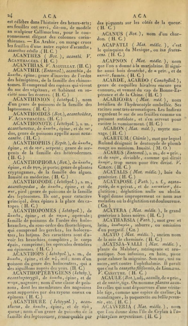 est célébré dans l’iiisloire des beaux-arts; scs feuilles ont servi, dit—on, de modèle au sculpteur Callimaclius, pour le cou- ronnciiienl élégant des colonnes corin- tnienncs. — En Arabie, on mange crues les feuilles A une autre espèce cl'acanthe , acanthus cdulis .( H. C. ) ACANTHES ( Bot.), acanthi. V. Acanthacées. ( H. C. ) K. Aiguillât. (H. C.) ACANTHIE (Entomol.), acanthia , de a)tav9«, épine; genre d’insectes de l’ordre des liemiptères, de la famille des rliinos- toines. Il comprend «les e.spèces qui vivent du suc des végétaux, et liabilent en so- ciété sous les écorces. ( H. C. ) ACANTlllNTüN ( Jcluhyul.), nom d’un genre de poi.ssons de la famille des leptosoines. ( H. C. ) ACANTHOIDES (Bot.), acanthoïdtœ, V. Acanth.\cées. (U. C.) ACANTIIONOTE ( Ichthyol. ), s. m. acanthunotus, de axaïôa, épine, et de me dos, genre de poissons appellé aussi nota- canthe. ( II. C. ) ACANTHOPHIS ( Erpét. ), de âx*«9<x épine , et de oip«r , serpent ; genre de ser- pents de la famille des liétéroderrnes. (II. C.) ACANTHOPIIORA (.Sot.), deaxatSa épine , et de <p«p», je porte; genre de plantes cryptogames, de la famille des algues. Inusité en médecine. (II. C. ) ACANTHOPODE (Ichthyol. ), s. m. acanthopodiis , de «xctï9<x, épine, et di jrxr, pied ; genre de poissons de la famille des Icptosomes. Ils ont, pour caractère principal, deux épines à la place des ca- topes. ( H. C. ) ^ ACANTHOPOMES (Ichthyol), de àxav9«, épine, et de s-u/xa , opercule; famille de poissons de l’ordre des bolo- branches, du sons-ordre des tliorac.liiques, qui comprend Icspercbcs, les lioloceu- tres , les lutjans. Ses caractères sont d’a- voir les branebies coniplètes , le corps épais, comprimé; les opercules dentelées ou épineuses. ( H. C. ) ACANTIIOP.S ( Ichthyol)., s. m., de èix«»9a, épine, eide M4»is'li nom d’un poisson du genre des liolocentres, qui a des aiguillons auprès des yeux. (II. C.) ACANTIIÜPTÉEYG lENS (Ichthy.), acanthopterygii, de K*«»6œ, épine, et de vrTfpa,nageoire; nom d’une classe de pois- sons, dont les membranes des nageoires sont supportées par des rayons osseu.x ou épineux. ( II. C. ) jACANTlICRE ( Ichtyyol ) , acan- tnuTus, de épine, et de 'îf« , queue; nom d’un genre de poi;.-<>ns «ie la famille des leptosonics, reuiaïquable par des piquants sur les eûtes de la queue. ( II. C. ) ACANUS (Bot.), nom d’un char- don. ( H. C. ) AC.TPATLI ( Mat. médic. ), c’est le quinquina du jMexique, ou iva frutes~ cens. ( II. C. ) ACAPNON ( Mat. médic. ), nom que l’on a donné à la marjolaine. Il signi- lie aussi bois desséché, de « priv., et de KccTrylr, fumée. ( H. C. ) ACAKÜE, ACAR J)0 ( Conchyliol ), genre de coquilles bivalves encore peu connues, et venant du cap de IIonne-£s- péranee et de la Chine. ( II. C. ) ACARICOBA ( Mat. méd. ), nom brésilien de l’hydrocolyle ombcllée. Ses racines sont très-aromatiques. Les Indiens regardent le suc de scs feuilles comme un puissant antidote, et s’en servent pour exciter le vomissement. (II. C.) AC ARON (Mat. méd.) , myrte sau- vage. (H. C.) AC.ART'LjVI ( Chimie), mot par lequel Ruiand désignait le deuto.xyde de plomb rouge ou minium. Inusité. ( jM. O. ) ACARUS (Entomol), s. m., de « priv., eldexaçiir, divisible, comme qui dirait àxaçàr, trop menu pour être divisé. Giron. ( II. C. ) ACATALIS (Mat. médic.), baie du genévrier. ( II. C. ) ACAT’.APüSE (Path.), s. f., acata- posis, de « privaL , et de xnraxéciT, dé- glutition; déglutition nulle ou abolie. A'ogel donne improprement ce nom aux maladies où la déglutition est douloureuse. (Ch.) ACATERA (Mat. médic. ), le grand genévrier à baies noires. ( H. C. ) ACATHAR.S1A (Path.), mot grec et latin, àxa9aç<n'a , saburre, ou omission d’un purgatif. ( Cil. ) ACATO ( Mat. médic. ) , ancien nom de la suie de cheminée. ( H. C. ) AC.ATSJA-VALL1 ( Mat. médic. ) , plante du Malabar, astringente, et aro- matique. Son infusion, en bain, passe pour calmer la migraine. Son suc , uni au sucre, sert contre l’ophthalmie. Il parait que c’est la cassythafiliformis, de Linuæus. y. C.\.SSYTHE. ( H. c. ) ACALil.E (.Sot.),adj.,ucauZ/s,de «prie., et de xoivAor, tige. On nomme plantes acau~ les celles qui sont dépourvues d’une vérita- ble lige, comme une espèce de carline, la mandragore , la pâquerette ou bellisperen- nis , etc. ( H. G ) AC.VVÀ EIÎIA ( Mat. médic. ) , nom que 1 (111 donne dans l’ile de Ceylau à l’o- phioxylum serpentinum. ( H. C. )