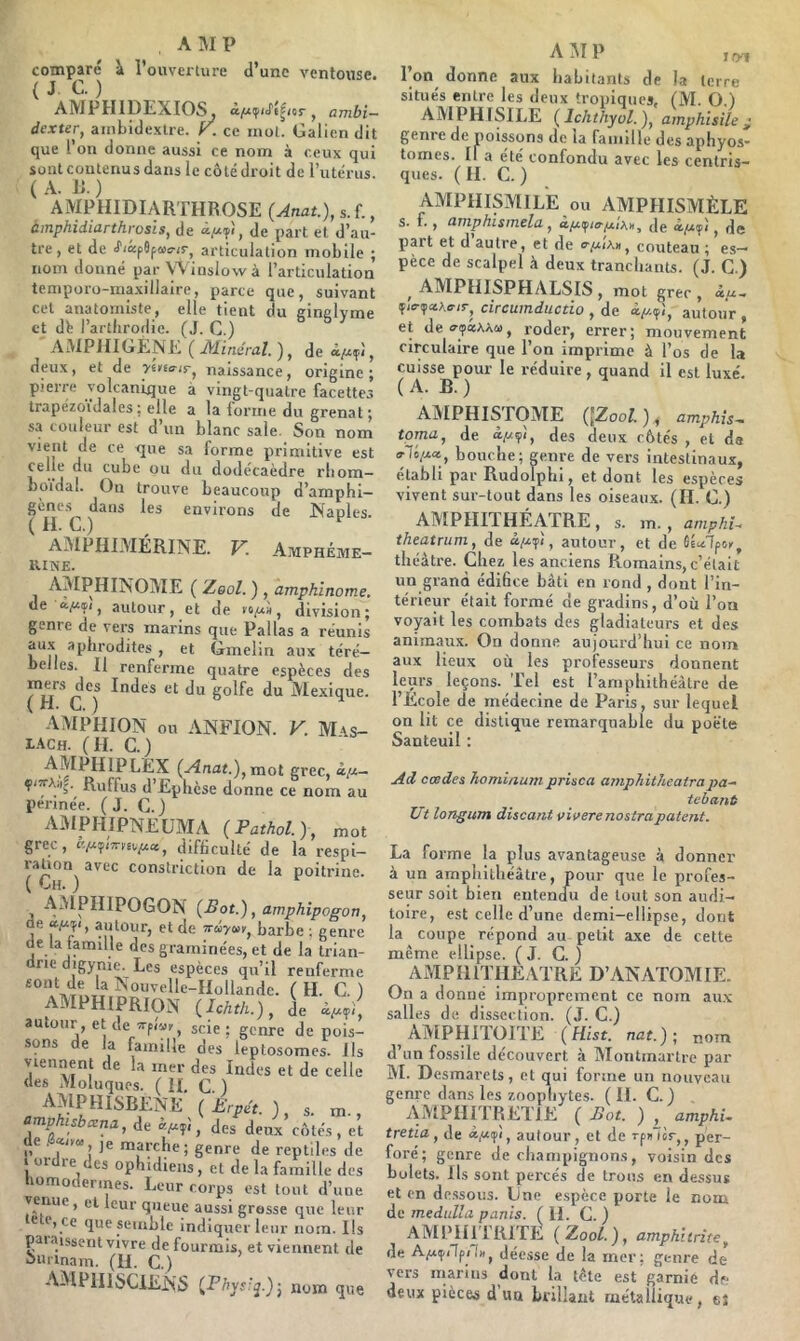 comparé à l’ouverture d’une ventouse. (JC.) AMPHIDEXIOS, ^ ambi— dexter, ambidextre. K. ce mol. Galien dit que l’on donne aussi ce nom à ceux qui sont contenus dans le côté droit de rutérus. ( A. Il ) AMPIIIDIARTHROSE (Anat.), s. f., àmphidiarthrosis, de , de part et d’au- tre, et de ■i'iô:p6p«o-/r, articulation mobile ; nom donné par W inslow à l’articulation tcmporo-ma.\illaire, parce que, suivant cet anatomiste, elle tient du einelvine et db l’artiirodie. (J. C.) AWPIIIGÈNE ( Æ.inéral. ), de à/4Çi J deux, et de •yé^crir, naissance, origine; pierre volcanique à vingt-quatre facettes trapézoïdales ; elle a la forme du grenat ; sa couleur est d’un blanc sale. Son nom vient de ce que sa forme primitive est celle du cube ou du dodécaèdre rliom- boidal. On trouve beaucoup d’amphi— C environs de Naples. AMPHIAIÉRINE. Fi Amphéme- KIÎS'E. AMPHINOAIE ( ZboI. ) , amphinome. de «./X®;, autour, et de vo/xà, division; genre de vers marins que Pallas a réunis au.x aplirodites, et Gmelin aux téré- belles. Il renferme quatre espèces des C *^) golfe du Mexique. AMPHION ou ANFION. F. M\s- I-^CH. (H. c.) AMPHIPLEX (Alnat.),mot grec, à/x— Ruffus d -Lphcse donne ce nom au pennée. ( J. (]. ) A3IPHIPNEÜMA (Pathol.), mot grec, difliculté de la respi- ration avec conslrictlon de la poitrine. ( Ch.) AAIPHIPOGON (Bot.), amphipogon, de a/xïi, autour, et de barbe ; genre de la lamille des graminées, et de la trian- dric digynie. Les espèces qu’il renferme ^“^‘'Ile-Hollande. (H. C. ) AMPHIPRION (Ichth.), de «/xçî, autour, et de Trpiui-^ scie; genre de pois- sons de la famille des leptosomes. Ils viennent de la mer des Indes et de celle des Moluquos. ( H, C. ) AMPHISBENE ( Erpét. ) s m amphisbcEna,Aith.i.^), des deux côtés, et 1,^ je marche; genre de reptiles de t ordre des ophidiens, et de la famille des immodermes. Leur corps est tout d’une venue, et leur queue aussi grosse que leur ® ‘) Ce que semble indiquer leur nom. Ils paiaissent vivre de fourmis, et viennent de 5>«rinam. (H. G.) AMPIIISCIENS (PAyy.'j.); nom que AJIP loi l’on donne aux habitants de la terre situés entre les deux tropiques, (M. O.) AIVIPHISILE ( Ichthyol.), amphisile ^ genie de poissons de la famille des aphyos- tomes. Il a été confondu avec les centris- ques. ( IL C. ) AMPIIISMIl'e ou AMPHISMÈLE s. f., amphismela, à/x^/ff/xiA», de â/x;p!, de part et d autre, et de o-zxia», couteau ; es- pèce de scalpel à deux tranchants. (J. C.) ^ AMPIIISPHALSIS , mot grec , «/x- fiVipaAe-fv, circumductio , de autour , et deo-<?aAAu, roder, errer; mouvement circulaire que l’on imprime à l’os de la cuisse pour le réduire, quand il est luxé. (A. B. ) AMPHISTOME ([Zool), amphîs^ toma, de à^xçi, des deux côtés , cl da a-Toij.», bouche; pure de vers intestinaux, établi par Rudolphi, et dont les espèces vivent sur-tout dans les oiseaux. (H. 0.) AMPHITHEATRE, s. m., amphi. theatmm, de autour, et de ùUlpoy, théâtre. Chez les anciens Romains, c’était un grand édihee bâti en rond , dont l’iri- térleur était formé de gradins, d’où l’on voyait les combats des gladiateurs et des animaux. On donne aujourd’hui ce nom aux lieux où les professeurs donnent leurs leçons. Tel est l’amphithéâtre de l’Ecole de médecine de Paris, sur lequel on lit ce distique remarquable du poète Santeull : Ad ccedes hominum prisca ainpliitheatrapa~ tehant Ut longum discant vii>erenostrapatent. La forme la plus avantageuse à donner à un amphithéâtre, pour que le profes- seur soit bien entendu de tout son audi- toire, est celle d’une demi-ellipse, dont la coupe répond au petit axe de cette même ellipse. (J. C. ) AMPHITHEATRE D’ANATOMIE. On a donné improprement ce nom au.x salles de dissection. (J. C.) AÎVIPHITOITE (Hist. nat.)-, nom d’un fossile découvert à Montmartre par M. Desmarets, et qui forme un nouveau genre dans les 7,oophytes. (II. C.) xWlPIIITRETlE ( Bot. ) , ampkU tretia, de à,«(pî, autour, et de Tpulcr,, per- foré; genre de champignons, voisin des bolets. Ils sont percés de trous en dessus et en de.ssous. One espèce porte le nom de medulla partis. ( H. C. ) AMPHllTUTE (Zool.), amphurite, de Aptfilfih, déesse de la mer; genre de vers marins dont la tête est garnie dr; deux pièces d un brillant métallique, eî