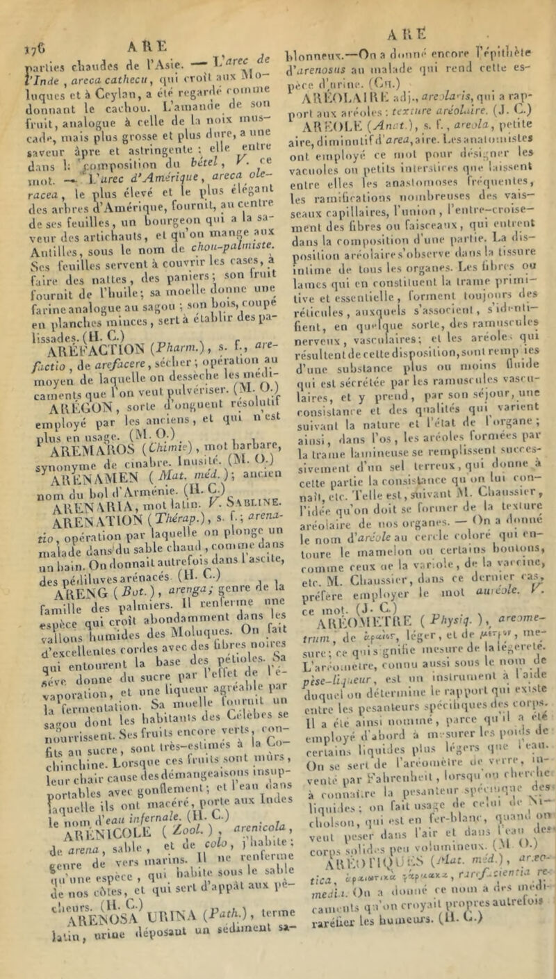 jy6 A 11 t pailifs cliandcs <1e l’Asie. — l’Inde , arcca cathecii, nui croit aux i»» loques et à Crylan, a été regarrlé comme doniiaot le cachou, l.’amanoe de son fruit, analogue à celle de la noix mus- cade, mais plus grosse et plus dure, a une saeeur âpre et astringente ; elle entre dans h 'composition du bétel, r- re mot. ~ l.’ürec d’Amérique, areca ole- raceu, le plus élevé et le plus élégant des arbres d’Amérique, fournil, au cenlie de ses feuilles, un bourgeon qui a la sa- veur des artichauts, et qu on mange au.x Antilles, sous le nom de chou-palmiste. Scs feuilles servent à couvrir les cas«, a faire des nattes, des paniers; son Iriiit fournil de l’huile; sa moelle donne une farine analogue au sagou ; son hoi.s, coupe en planches minces , sert à elahlir des pa- ^’^RÉrACflOÎS' {Fharm.), s. f-, aie- factio , de arefacere, sécher ; operation au moyen de laquelle on desseche m‘-''‘- cament.s que, l’on veut pulvériser. (M- <M AIU’-GON, sorte Jont'ueiit reüOluUi employé par les anciens, et qui n est plus en usage. ^ AREMAROS (6/inme), mot harhare, synonyme de cinahie. Inusiti. (i ARRNAMEN {Mat med.y, am.itn nom du bol d'Arménie. (U. AREN ARIA, mot latin V. Sabi.ine. AREN.VriON {Thérap.), s. f.; arena- fio, opération par laquelle on plonge un malade dans'du sable chaud , comme d.am un bain. On donnait autrefois dans 1 ascite, des pédiluvesarénaces (H. AREJSG ( Bot. ), arenga; genre de la famille des palmiers. H renferme une espèce qui croît abondamment dans les vanonsluimides des IMoliiques. On fait d’excellentes cordes avec c es libres noues «eve donne du sucre pai 1 cUcl riÇ le „..,iinn et une liqueur agréable par l^feriiienlàtion. Sa moelle fm-nil un sa-ou dont les habitants des nourrissent. Ses fruits encore verts lon- fils au sucre, sont trcs-estimes a la Co chinchine. Lorsque res 1 ru ils .sont muis, leur chair cause des démangeaisons insiip- portahles avec gonflement; et 1 eau uan.s Lquelle ils ont macère, porte aux Indes le nom d’eau infernu/e (II. ARRNlCOLli { Zool.) aremcoa de arena, sable, et ùe colo , ) ; '''letpècT, qurhâhite ZoX sàhle de nos\uNa-s, et qui sert d’appàl aux pè- ^’‘AREMJSA^Ea\lî^A {Path.), terme latin, uriuc déposant un sedimeul sa- A R t hlonneux.—On a donné enrore l’épillièle d’arenosus au malade qui rend cette es- père d’iirme. (En.) ARKOLMllL adj., are.i/a'/s.qui a rap- port aux aréoles ; U'jc.-/<re aréolàre. (.1. Ç.) ARrlOLK [Anct.], s. f., areola, petite airc,diminutifd'area,airc. l.esanatomiste* ont employé ce mol pour designer les vacuoles ou petits iuter.ilires que laissent entre elles les anastomoses fréiiuentes, les ramidralions nombreuses des vais- seaux capillaires, runion , renlre-croise- menl des fibres ou faisceaux, qui eiilient dans la conniosition d une partie, dis— position aréolaire.s’observe dans la tissuie intime de tous les organes. Les fibres ()0 lames (lui en ronstitueul la trame primi- tive et essentielle , forment toujours des réliriiles , aiixcjuels s’associent, s’identi- fient, en quemue sorte, des ramusriiles nerveux, vasculaires; et les aréole- qui résultent de celte disposition,soiil remp ics d’une substance plus ou moins lliiide qui est sécrétée par les ramiisciiles vascu- laires, et y prend, par son séjour, une consistance et des qualités qui varient suivant la nature et l’étal de 1 organe, ainsi, dans l’os, les aréoles formées par- la trame lamineiisese remplissent siicccs- siveiiieiit d’un sel terreux, qui donne a celte partie la coiisislanre qu on lui con- naît etc. Telle est, suivant jM. Chaussier, ride> qu’on doit se former de la lexiiiri: aréolaire de nos organes. — » donne le nom d’arJo/e au cerc le coloré qui en- toure le mamelon ou certains boulons, comme ceux ne la variole, di- la vaccine, etc. M. Chaussier, d..ns ce dernier cas. préféré employer le mol aiiicole. ce mot. (J- C.) ARÊOME'ITIR ( Physiq. ), arcome- trum, de «f-sbr, léger, eide /a.vjvr, me- sure; re q-iis gnilie mesure de alegerelc. L’aréo.iiclre, coiitiu aussi sous le nom Oe pise-lipteur, est un instrument a laide duquel on détermine le rapport qui existe entre les pesanteurs spécifiques di s corps. 11 a été ainsi nommé, p.irce (ju il -a ele emuloyé d'abord a m. surer les poids de certains liquides plus légers que t eau. Ou se .sert de rareometre ue vcire, in- vente par b’abrenbeil , lorsqu o'i rlierclie à couuai.re la pesanteur specmque des liquides; on fait u.sage de ce.ui de Ni- fbolsou, qui est en fer-blanc, .quano . r veut pe.ser dans l'a.r et dans I eau de.- veut pe.sei uaus cvi ()\ corps sqli(l.;s peu -.b>m.nerK4M O.) soUrts'S piMi vuéu.ii.mvv, X. y - .\RÉOfl(v>'J'-'--‘’ tica ■/xfacLx:i.,rar.f-tienna n- mej'u Ou a douué ce nom a des medi- raim lits q l'on croyait propres autrefois raréfjuu- les humeurs. (11. E.)