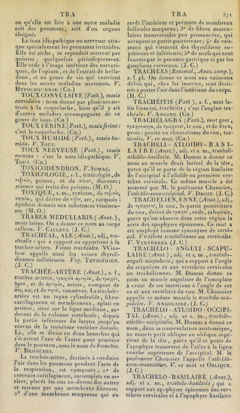 TR A on qu’elle est liée à une autre maladie soit des poumons, soit d’un organe éloigné. La toux idiopathique ou nerveuse atta- que spécialement les personnes irritables. Elle est sèche , se reproduit souvent par quintes , quelquefois périodiquement. Elle cède à l’usage intérieur des narcoti- ques, de l’opium , et de l’extrait de bella- done, et au genre de vie qui convient dans les autres maladies nerveuses. V~. Hypogho; Orik. (Ch.) TOUX CONVULSIVE (Path.), tussis convulsiva : hotn donné par plusieurs au- teurs à la coqueluche, bien qu’il y ait d’autres maladies accompagnées de ce genre de toux. (Ch ) TOUX EEH INE(Path.), tussisferina : c’est la coqueluche. (Crt.) TOUX HUMIDE (Path.), tussis hu- mida. y. Toux. TOUX NERVEUSE (Path.), tussis nervosa : c’est la toux idiopathique. V. Toux. (Ch.) TOX1CODENDRON. F. Sumac. TOXICOLOGIE, s. f., toxicologia, de rijjixcv, poison, et de xôyor, discours; science qui traite des poisons. (M. O.) TOXIQUE, s. m., toxicum, de Ternir, venin , qui dérive de. riÇtt, arc, carquois : épithète donnée aux substances vénéneu- ses. (M. O.) TRABES MEDULLARIS ( Anat. ), mots latins. On a donné ce nom au corps calleux. V. Calleux. (J. C.) TRACHÉAL, ALE (Anat.), adj., tra- chealis : qui a rapport ou appartient à la trachée-artère. Peines trachéales. Wins- low appelle ainsi les veines thyroï- diennes inférieures. Voy. Thyroïdien. (J. C.) , TRACHEE-ARTÈRE (Anat.), s. f., trachea-arteria , rfcs^îîa àprderpa^vr, âpre, et de àprxpla, artere, composé de “«p, air, et de T»piïv, conserver. La trachée- artère est un tuyau cylindroïde, fibro- carlilagineux et membraneux , aplati en arrière, situé sur la ligne médiane, an- devant de la colonne vertébrale , depuis la partie inférieure du larynx jusqu’au niveau de la troisième vertèbre dorsale. Là, elle se divise en deux branches qui s écartent l’une de l’autre pour pénétrer dans le poumon , sous le nom de bronches. V. Bronches. La trachée-artère, destinée à conduire l’air dans les poumons pendant l’acte de la respiration, est composée, i» (|e cerceaux cartilagineux, incomplets en ar- rière, placés les uns au-dessus des autres et retenus par une membrane fibreuse; 2° d’une membrane muqueuse qui en T RA 5y i revêt l’intérieur et présente de nombreux follicules muqueux ; 3° de fibres muscu- laires transversales peu prononcées, qui occupent sa partie postérieure ; 4° de vais- seaux qui viennent des thyroïdiens su- périeurs et inférieurs; b° de nerfs qui sont fournis par le pneumo gastrique et par les ganglions cervicaux. (J. C.) TRACHEES (Üntomol., Anat. comp.), s. f. pl. Un donne ce nom aux vaisseaux déliés qui, chez les insectes, sont desti- nés à porter l’air dans l’intérieur du corps. (H. C.) . TRACHEITIS (Path ), S. f., mot la- tin francisé, tracheitis; c’est l’angine tra- chéale. V. Angine. (Ch.) TRACHELAGRA (Path.), mot grec, Tpa^HAaypa, de vpa^A<lr, le cou, et de aypas, proie ; goutte ou rhumatisme du cou, tor- ticolis. P. ce mot. (Ch.) TRACHELI - ATLOIDO - B A S I- L A I R E (Anat.), adj. et s. m., tracheli- atloïdo-basilaris. 3M. Dumas a donné ce nom au muscle droit latéral de la tète, parce qu’il se porte de la légion basilaire de l’occipital à l’atloïde ou première ver- tèbre cervicale. Ce même muscle a été nommé par M. le professeur Chaussier, Yatlvïdo-sous-occipital. K. Droit. (J.C.) TRACHF.LIEN, ENNE (Anat.),adj., de Tpccx«>or, le cou, la partie postérieure du cou, dérivé derpa^ùr, rude, raboteux, parce qu’on observe daos cette région la série des apophyses épineuses. Ce mot a été employé comme synonyme de cervi- cal. yertèbres trachéliennes ou cervicales. V. Vertèbres. (J. C.) TRACIIELO - ANGULI - SCAPU- LAIRE (Anat.) , adj. et s. m., trachelo- anguli-scapularis ; quia rapport à l’angle du scapulum et aux vertèbres cervicales ou trachéliennes. M. Dumas donne ce nom au muscle angulaire de l’omoplate à cause de sr-s insertions à l’angle de cet os et aux vertèbres du cou. M. Chaussier appelle ce même muscle le trachélo-sca- pulaire. V. ANGULAIRE. (J. C.) TRACIIÉLO - ATLOIDO - OCCIPI- TAL (Anat.), adj- et s. m.,trachelo- atloïdo-occipitalis. M. Dumas a donné ce nom , dans sa nomenclature anatomique, au muscle petit oblique ou oblique supé-. rieur de la tète, parce qu’il se porte de l’apophyse transverse de l’atlas à la ligne- courbe supérieure de l’occipital. M. le professeur Chaussier l’appelle Vatloïdo- sous-mastoïdien. V. ce mot et Oblique (J. C.) TRACHELO-BASILAIRE (Anat.), adj. et s. m., trachclo-basilaris ; qui a rapport aux apophyses épineuses des ver-, tèbres cervicales et à l’apophyse basilaire