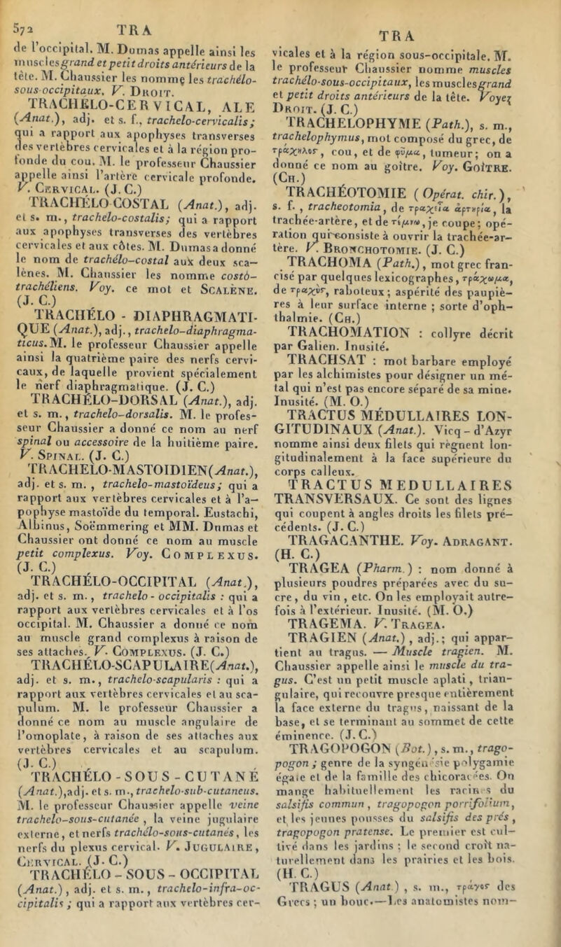 57î TR A de 1 occipital. M. Dumas appelle ainsi les muscles ^Tanief petit droits antérieurs de la tète. M. Chaussier les nominç les trachélo- sousoccipitaux, V. Dkoit TRACHÉLO-CER V ICAL, ALE (■Anat.), adj. et s. f., trachclo-cervicalis; qui a rapport aux apophyses transverses des vertèbres cervicales et à la région pro- fonde du cou. AI. le professeur Chaussier appelle ainsi l’artère cervicale profonde. V. Cervical. (J.C.) TRACHÉLO COSTAL (Anat.), adj. cl s. m., trachelo-costalis; qui a rapport aux apophyses transverscs des vertèbres cervicales et aux côtes. M. Dutnasa donné le nom de trachélo-costal au* deux sca- lènes. M. Chaussier les nomme costô- trachéliens. Voy. ce mot et ScalÈne. (J. C.) TRACIIELO - DIAPHRAGMATI- QUE (Anat.), adj., trachelo-diaphragma- «eus.M. le professeur Chaussier appelle ainsi la quatrième paire des nerfs cervi- caux, de laquelle provient spécialement le rîerf diaphragmatique. (J. C.) TRACHELO-DORSAL (Anat.), adj. et s. m., trachelo-dorsalis. M. le profes- seur Chaussier a donné ce nom au nerf spinal ou accessoire de la huitième paire. V. Spinal. (J. C.) TRACHELO-MASTOIDlEN(yînaf.), adj. et s. m. , trachelo-mastoïdeus; qui a rapport aux vertèbres cervicales et à l’a- pophyse mastoïde du temporal. Eustachi, Alb mus, Soè’mmering et MM. Dumas et Chaussier ont donné ce nom au muscle petit complexus. Voy. Cou plexus. (J. C.) TRACHELO-OCCIPITAL (Anat.), adj. et s. m., trachelo- occipitalis : qui a rapport aux vertèbres cervicales et à l’os occipital. M. Chaussier a donné ce nom au muscle grand complexus à raison de ses attaches. V■ Complexus. (J. C.) TRACHÉLO-SCAPULAIRE(yfiat.), adj. et s. m., trachcloscapularis : qui a rapport aux veitèbrcs cervicales et au sca- pulum. M. le professeur Chaussier a donné ce nom au muscle angulaire de l’omoplate, à raison de ses attaches aux vertèbres cervicales et au scapulum. (J. C.) TR ACHELO -SOUS - CUTANE (Anat.),ad), et s. m.,traehelo-sub-cutaneus. M. le professeur Chaussier appelle veine trachclo-sous-cutanée , la veine jugulaire externe, et nerfs trachélo-sous-cutanés, les nerfs du plexus cervical. V. Jugulaire , Cervical. (J- C.) TRACHÉLO - SOUS - OCCIPITAL (Anat.) , adj. et s. m., trachelo-inffa-oc- cipitalis ; qui a rapport aux vertèbres cer- TR A vicales cl à la région sous-occipitale. M. le professeur Chaussier nomme muscles trachélo-sous-occipitaux, les rnusclescrami et petit droits antérieurs de la tète. Voyei Droit. (J. C.) TRACHELOPHYME (Path.), s. m., trachelophymus, mot composé du grec, de Tfa^itAor, cou, et de tumeur; on a donné ce nom au goitre. Poy. GoiTRE. (Ch.) TRACHÉOTOMIE (Opérât, chir.), s. f. , tracheotomia, de rpat^flu apla trachée-artère, etdertpt»«tje coupe; opé- ration qureonsiste à ouvrir la trachée-ar- tère. K Bronchotomie. (J. C.) TRACHOMA (Path.) , mot grec fran- cisé par quelques lexicographes, rpa^wpui, de Tp«*vr( raboteux; aspérité des paupiè- res à leur surface interne ; sorte d’oph- tbalmie. (Ch.) TRACHOMATION : collyre décrit par Galien. Inusité. TRACHSAT : mot barbare employé par les alchimistes pour désigner un mé- tal qui n’est pas encore séparé de sa mine. Inusité. (M. O.) TRACTUS MÉDULLAIRES LON- GITUDINAUX (Anat.). Vicq - d’Azyr nomme ainsi deux filets qui régnent lon- gitudinalement à la face supérieure du corps calleux. TRACTUS MEDULLAIRES TRANSVERSAUX. Ce sont des lignes qui coupent à angles droits les filets pré- cédents. (J. C.) TRAGACANTHE. Voy. Adragant. (H. C.) TRAGEA (Pharm.) : nom donné à plusieurs poudres préparées avec du su- cre , du vin , etc. On les employait autre- fois à l’extérieur. Inusité. (M. O.) TRAGEMA. V. Tragea. TRAGIEN (Anat.) , adj.; qui appar- tient au tragus. — Muscle tragien. M. Chaussier appelle ainsi le muscle du tra- gus. C’est un petit muscle aplati, trian- gulaire, qui recouvre presque entièrement la face externe du tragus, naissant de la base, cl se terminant au sommet de cette éminence. (J. C.) TR AGOUOGON (Bot.), s. m., trago- pogon ; genre de la syngén sie polygamie égaie et de la famille des chicorac'*es. On mange habituellement les racin s du salsifis commun, tragopogon porrifoiium, et les jeunes pousses du salsifis des prés , tragopogon pratense. Le premier est cul- tivé dans les jardins : le second croît na- turellement dans les prairies et les bois. (H. C.) , TRAGUS (Anat.) , s. m., rpavor des Grecs ; un bouc.—Les anatomistes nom-