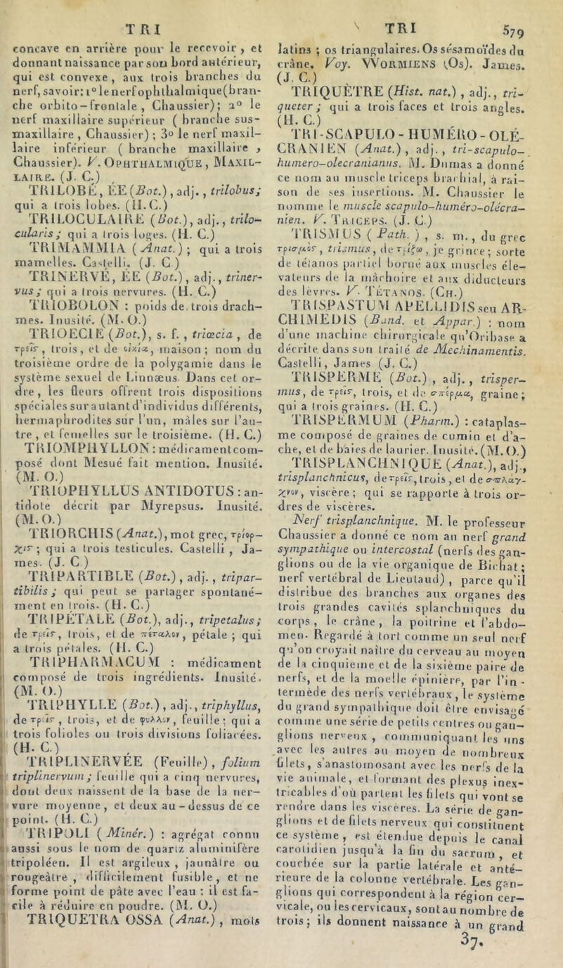 concave en arrière pour le recevoir , et donnant naissance par sou bord antérieur, qui est convexe, aux trois branches du nerf, savoir: i° le nerfophthalmique(bran- che orbito-fronlale , Chaussier); a° le nerf maxillaire supérieur ( branche sus- maxillaire , Chaussier) ; 3° le nerf maxil- laire inférieur ( branche maxillaire , Chaussier). V. Ophthalmuj'ue , Maxil- laire. (J. C.) TRILOBÉ, EE (Bot.), adj., trilobus; qui a trois lobes. (II.C.) TRILOCULAIRE (Bot.), adj., trilo- cularis; qui a trois loges. (11. C.) 1RIMAMM1A (Ânat.) ; qui a trois mamelles. Castelli. (J. C ) TR1NERVE, EE (Bot.), adj., triner- vusj qui a trois nervures. (H. C.) TRIOBOLON : poids de, trois drach- mes. Inusité. (M. O.) TRIOECIE (Bot.), s. f. , triœcia , de epfîr, trois, et de n’xi*, maison; nom du troisième ordre de la polygamie dans le système sexuel de I.innæus. Dans cet or- dre, les fleurs offrent trois dispositions spéciales sur autant d’individus différents, hermaphrodites sur l’un, mâles sur l’au- tre , et femelles sur le troisième. (H. C.) T KIOMPH. Y LLOiS : médicament com- posé dont Mesué lait mention. Inusité. (M. O.) TRIOPH YLLUS ANTIDOTES : an- tidote décrit par Myrepsus. Inusité. (M. O.) TRIORCHIS (Anat.), mol grec, rpiop- X‘r ; qui a trois testicules. Castelli, Ja- mes- (J. C ) TRI PA RT IB LE (Bot.), adj., tripar- iibilis ; qui peut se partager sponlané- j ment en trois- (H.C.) TRIPÉTALE (Bot.), adj., tripetalus; I de rpôr, trois, et de OTsraAor, pétale ; qui a trois pétales. (II. C.) T KIP H A R M A C U VI : médicament ! composé de trois ingrédients. Inusité. (M. O.) TRtPIIYLLE (Bot.), adj., triphyllus, de Tp îr , trois, et de çvM'.r, feuille; qui a trois folioles ou trois divisions foliacées. (H.C.) TRIPL1NERVEE (Feuille), folium triplinervum ; feuille qui a cinq nervures, dont deux naissent de la base de la ner- vure moyenne, et deux au - dessus de ce point- ( U. C.) TRIPOLI (Miner.) : agrégat ronnn aussi sous le nom de quariz aluminifère tripoléen. Il est argileux , jaunâtre ou ; rougeâtre , difficilement fusible, et ne i forme point de pâte avec l’eau ; il est fa- it file à réduire en poudre. (M. O.) TRIQUETRA OSSA (Anat.), mots latins ; os triangulaires. Os sésamoïdes du crâne. Voy. VVoRMiENS t,Os). James. (J. C.) , TRI QUETRE (Hist. nat.) , adj., tri- queter ; qui a trois faces et trois angles. (H.C.) TRI SCAPULO- HUMERO-OLÉ- CR AN I EN (Anat.), adj., tri-scapulo- humero-olecranianus. M. Dumas a donné ce nom au muscle triceps brachial, à rai- son de ses insertions. M. Chaussier le nomme le muscle scapnlo-huméro-olécra- nien. N. TiwcKi'S. (J. C.) I R ISM US ( Bath. ) , s. ni., du grec Tfitr/xir , trismus, devpîf», je grince; sorte de tétanos partiel borné aux muscles élé- vateurs de la mâchoire et aux diducteurs des lèvres. P- Tétanos. (Ch.) TRISPASTU M APELLIDISseu AR- ClllMEDIS (Bond, et Appar.) ■ nom d’une machine chirurgicale qn’Oribase a décrite dans son traité de Mcchinamentis. Castelli, James (J. C.) TRI SPERME (Bot.) , adj., trisper- mus, de x'pur, trois, et de o-x?p/*«, graine; qui a trois graines. (H. C.) TRI SP L RM U M (Pharm.) : cataplas- me composé de graines de cumin et d’a- che, et de baies de laurier. Inusité.(M. O ) TRISPLANC11NIQ UE (Anat.), adj., trisplanchnicus, devpsîr, trois , et deo-^ay- , visière; qui se rapporte à trois or- dres de viscères. ■Nerf trisplanchnique. M. le professeur Chaussier a donné ce nom au nerf grand sympathique ou intercostal (nerfs des gan- glions ou de la vie organique de Bicliat; nerf vertébral de Lieutaud) , parre qu’il distribue des branches aux organes des trois grandes cavités splanchniques du corps, le crâne, la poitrine et l’abdo- men- Regardé à tort comme un seul nerf qu’on croyait naître du cerveau au moyen de U cinquième et de la sixième paire de nerfs, et de la moelle épinière, par l’in- termède des nerfs vertébraux , le système du grand sympathique doit être envisagé comme une série de petits centres ou gan- glions nerveux , communiquant les uns avec les autres au moyen de nombreux blets, s’anastomosant avec les nerfs de la vie animale, et formant des plexuj inex- tricables d’où parlent les (ilels qui vont se rendre dans les viscères. La série de gan- glions et de filets nerveux qui constituent ce système, est étendue depuis le canal carotidien jusqu’à la lin du sacrum, et couchée sur la partie latérale et anté- rieure de la colonne vertébrale. Les gan- glions qui correspondent à la région cer- vicale, ou les cervicaux, sont au nombre de trois; ils donnent naissance à un grand