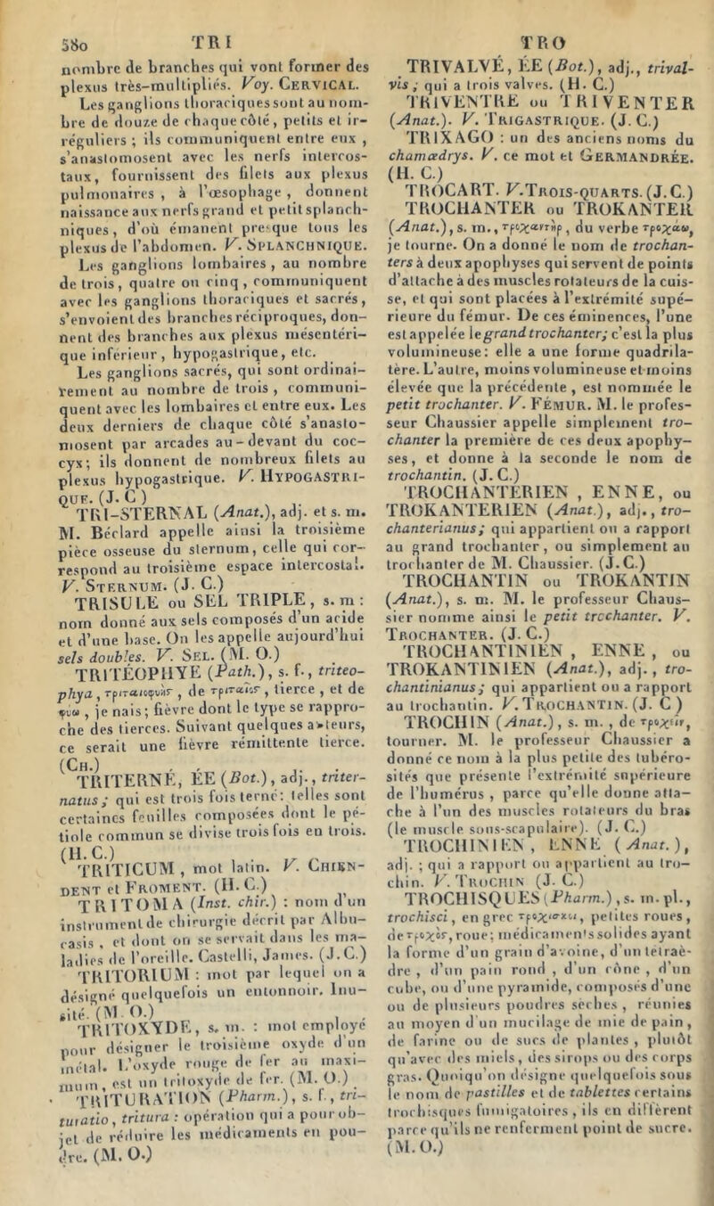 nombre de branches qui vont former des plexus très-muItipliés. Voy. Cervical. Les ganglions thoraciques sont au nom- bre de douze de chaque côté, petits et ir- réguliers ; ils communiquent entre eux , s’anastomosent avec les nerfs intercos- taux, fournissent des filets aux plexus pulmonaires, à l’œsophage, donnent naissance aux nerfs grand et petit splanch- niques, d’où émanent presque tous les plexus de l’abdomen. V. Sl'LANCHNIQUE. Les ganglions lombaires, au nombre de trois, quatre ou cinq, communiquent avec les ganglions thoraciques et sacrés, s’envoient des branches réciproques, don- nent des branches aux plexus mésentéri- que inferieur, hypogastrique, etc. Les ganglions sacrés, qui sont ordinai- rement au nombre de trois , communi- quent avec, les lombaires et entre eux. Les deux derniers de chaque côté s’anasto- mosent par arcades au-devant du coc- cyx; ils donnent de nombreux filets au plexus hypogastrique, y llyPOGASTIU- QUE. (J- C ) TRI-STERNAL (Anat.), ad), et s. ni. M. Béclard appelle ainsi la troisième pièce osseuse du sternum, celle qui cor- respond au troisième espace intercostal. V. Sternum. (J- C.) TRISULE ou SEL TRIPLE, s. m : nom donné aux sels composés d’un aride et d’une base. On les appelle aujourd’hui sels doubles. V. Sel. (M. O.) TRI TROP 1TYE (Fath.),s. f-, tnteo- phya , rpiraioçvar ( de rpiTcc.nr , tierce , et de , je nais; fièvre dont le type se rappro- che des tierces. Suivant quelques auteurs, ce serait une fièvre rémittente tierce. (Ch ) TRITERNÉ, ÉE (Bot.), adj., triter- natus; qui est trois fois terne, telles sont certaines feuilles composées dont le pé- tiole commun se divise trois fois eu trois. (Il-G.) , . .... TRITICUM , mot latm. V. Chien- dent et Froment. (II. C.) T R I T O M A (Inst, chir.) : nom d un instrument de chirurgie décrit par Albu- easis . et dont on se servait dans les ma- ladies de l’oreille. Castelli, James. (J.C.) TRITORIÜM : mot par lequel on a désigné quelquefois un entonnoir. Inu- sité. (M O.) TR1TOXYDE, s. m. : mol employé pour désigner le troisième oxyde, d’un métal. L’oxyde ronge de 1er an maxi- mum, est un t rit oxyde de 1er. (j\l. (JJ TRITURATION (Fhann.), s. f , tri- tuiatio, tritura : opération qui a pour ob- jet de réduire les médicaments en pou- dre. (M. O.) TRIVALVÉ, ÉE (Bot.), adj., trival- vis ; qui a trois valves. (H. C.) TRI VENTRE ou TRI VEN TER (Anat.). V. Trigastrique. (J. C.) TR1XAGO : un des anciens noms du chamcedrys. y. ce mot et üermandrée. (H. C.) TROCART. F.Trois-quarts.(J.C.) TROCHANTER ou TROKANTElt (Anat.),s. m., rpo^arrÀp, du verbe rpo^a^ je tourne. On a donné le nom de trochan- ters à deux apophyses qui servent de points d’attache à des muscles rotateurs de la cuis- se, et qui sont placées à l’extrémitc supé- rieure du fémur. De ces éminences, l’une est appelée Iegrand trochanter; c’est la plus volumineuse: elle a une forme quadrila- tère. L’autre, moins volumineuse etmoins élevée que la précédente , est nommée le petit trochanter. V. Fémur. i\I. le profes- seur Cliaussier appelle simplement tro- chanter la première de ces deux apophy- ses, et donne à la seconde le nom de trochantin. (J. C.) TROCHANTERIEN , ENNE, ou TROKANTER1EN (Anat.), ad)., tro- chanterianus; qui appartient ou a rapport au grand trochanter, ou simplement au trochanter de M. Cliaussier. (J.C.) TROCHANTIN ou TROKANTIN (Anat.), s. m. M. le professeur Cbaus- sicr nomme ainsi le petit trochanter. V. Trochanter. (J.C.) TROCHANTIN IEN , ENNE, ou TROKANTIN IEN (Anat.), adj., tro- chantinianus; qui appartient ou a rapport au trochantin. K. Trochantin. (J. C) TROCHIN (Anat.), s. m. , de rpo^ûr, tourner. M. le professeur Cliaussier a donné re nom à la plus petite des tubéro- sités que présente l’extrémité supérieure de l’humérus , parce qu’elle donne atta- che à l’un des muscles rotateurs du bras (le muscle sous-scapolaire). (J. C.) TROCHIN I EN , ENNE (Anat.), adj. ; qui a rapport ou appartient au tro- chin. V. TruCHIN (J.C.) TROCHISQ UES (Fhann.) , s. in. pl., trochisci, en grec petites roues, Je roue; médicamen'ssolides ayant la forme d’un grain d’avoine, d’un tétraè- dre , d’un pain rond , d’un cône , d’un cube, ou d’une pyramide, composés d’une ou de plusieurs poudres sèches , réunies au moyen d'un mucilage de mie de pain , de farine ou de sucs de plantes , plutôt qu’avec des miels, des sirops ou des corps gras. Quoiqu’on désigne quelquefois sous le nom de pastilles et de tablettes certains trorhisques fninigatoires , ils en diffèrent parce qu’ils ne renferment point de sucre. (M.O.)