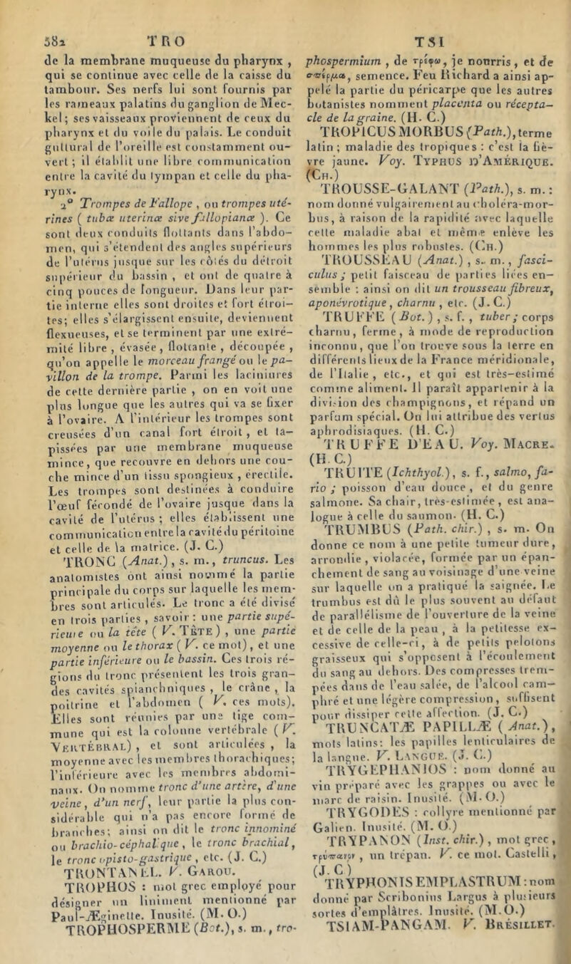 58a T R O de la membrane muqueuse du pharynx , qui se continue avec celle de la caisse du tambour. Ses nerfs lui sont fournis pâl- ies rameaux palatins du ganglion deMec- kel; ses vaisseaux proviennent de ceux du pharynx et du voile du palais. Le conduit guttural de l’oreille est constamment ou- vert; il établit une libre communication entre la cavité du tympan et celle du pha- rynx. ■i° Trompes de Fallope , ou trompes uté- rines ( tubce uterince sive fallopiamx ). Ce sont deux conduits flottants dans l’abdo- men, qui s’étendent des angles supérieurs de l’utérus jusque sur les « ôtés du détroit supérieur du bassin , et ont de quatre à cinq pouces de longueur. Dans leur par- tie interne elles sont droites e! fort étroi- tes; elles s’élargissent ensuite, deviennent flexueuses, et se terminent par une extré- mité libre , évasée , flottante , découpée , qu’on appelle le morceau frangé ou \e pa- villon de la trompe. Parmi les laciniures de cette dernière partie , on en voit une plus longue que les autres qui va se fixer à l’ovaire. A l'intérieur les trompes sont creusées d’un canal fort étroit, et ta- pissées par une membrane muqueuse mince, que recouvre en dehors une cou- che mince d’un tissu spongieux , érectile. Les trompes sont destinées à conduire l’œuf fécondé de l’ovaire jusque dans la cavité de l’utérus; elles établissent une comnïunicaticn entre la cavité du péritoine et celle de. la matrice. (J. C.) TRONC (Anat.), s. m., truncus. Les anatomistes ont ainsi nommé la partie principale du corps sur laquelle les mem- bres sont articulés. Le tronc a été divise' en trois parties , savoir: une partie supé- rieuie ou la tête ( V. Tète) , une partie moyenne ou le thorax ( V. ce mot) , et une partie inférieure ou le bassin. Ces trois ré- gions du tronc présentent les trois gran- des cavités splanchniques , le crâne , la poitrine et l’abdomen ( K. ces mots). Elles sont réunies par uns lige com- mune qui est la colonne vertébrale ( V. ■Vertébral) , et sont articulées , la moyenne avec les membres thorachiques; l’inférieure avec les membres abdomi- naux. On nomme tronc d'une artère, d'une veine, d’un nerf, leur partie la plus con- sidérable qui n’a pas encore formé de branches; ainsi on dit le tronc innominé ou bracliio-céphal que , le tronc brachial, le tronc opisto-gastrique , etc. (J. C.) TRONTANEL. P. Garou. TROPIIOS s mot grec employé pour dcsi°ner un linimenl mentionné par Pauf-Æginetle. Inusité. (M. O.) TROPHOSPERME (Bot.), s. m.,tro- T SI phospermium , de rps»«, je nonrris, et de o-utfpa, semence. Feu Richard a ainsi ap- pelé la partie du péricarpe que les autres botanistes nomment placenta ou récepta- cle de la graine. (H. C.) TROP1CUS MORBUS (Path.), terme latin ; maladie des tropiques : c’est ia fiè- vre jaune. Voy. Typhus «'Amérique. (Ch.) TROUSSE-GALANT (Path.), s. m. : nom donné vulgairement au eholéra-mor- bus, à raison de la rapidité avec laquelle cette maladie abat et même enlève les hommes les plus robustes. (Ch.) TROUSSEAU (Anat.) , s- m., fasci- culus ; petit faisceau de parties liées en- semble : ainsi on dit un trousseau fibreux, aponévrotique, charnu , elr. (J.C.) TR U EFE ( Bot. ) , s. f. , tuber ; corps charnu, ferme, à mode de reproduction inconnu, que l’on trouve sous la terre en différents lieux de la France méridionale, de l’Italie, etc., et qui est très-estime comme aliment. Ji parait appartenir à la divi.-ion des champignons, et répand un parfum spécial. On lui attribue des vertus aphrodisiaques. (H.C.) T R U F F E D E A U. Voy. Macre. (II.C.) TRUITE (Ichthyol.), s. f., salmo, fa- rio ; poisson d’eau douce, et du genre salmone. Sa chair, très-eslimée , est ana- logue à celle du saumon- (H. C.) TRUMBUS (Path. chir.) , s. m- On donne ce nom à une petite tumeur dure, arrondie , violacée, formée par un épan- chement de sang au voisinage d’une veine sur laquelle on a pratiqué la saignée. Le trumbus est dû le plus souvent an défaut de parallélisme de l’ouverture de la veine et de celle de la pe3U , à la petitesse ex- cessive de celle-ci, à de petits pelotons graisseux qui s’opposent à l’écoulement du sang au dehors. Des compresses trem- pées dans de l’eau salée, de l’alcool cam- phré et une légère compression, suffisent pour dissiper cette affection. (J. C.) TRUNCATÆ PAP1LLÆ ( Anat.) , mots latins: les papilles lenticulaires de la langue. V. LANGUE. (.». C..) TRYGEPHANIOS : nom donné au vin préparé avec les grappes ou avec le marc de raisin. Inusité. (iVl.O.) TRYGODES : collyre mentionné par Galien. Inusité. (M. O.) TRYPANON (Inst, chir.) , mot grec , rpv-wam , un trépan. V. ce mot. Castelli, (J. C ') TRYPHONIS EMPLASTRUNI :nom donné par Scribonins Largus à pluiieurj sortes d’emplâtres. Inusité. (M.ü.) TSIAM-PANGAM. V. Brésillet.