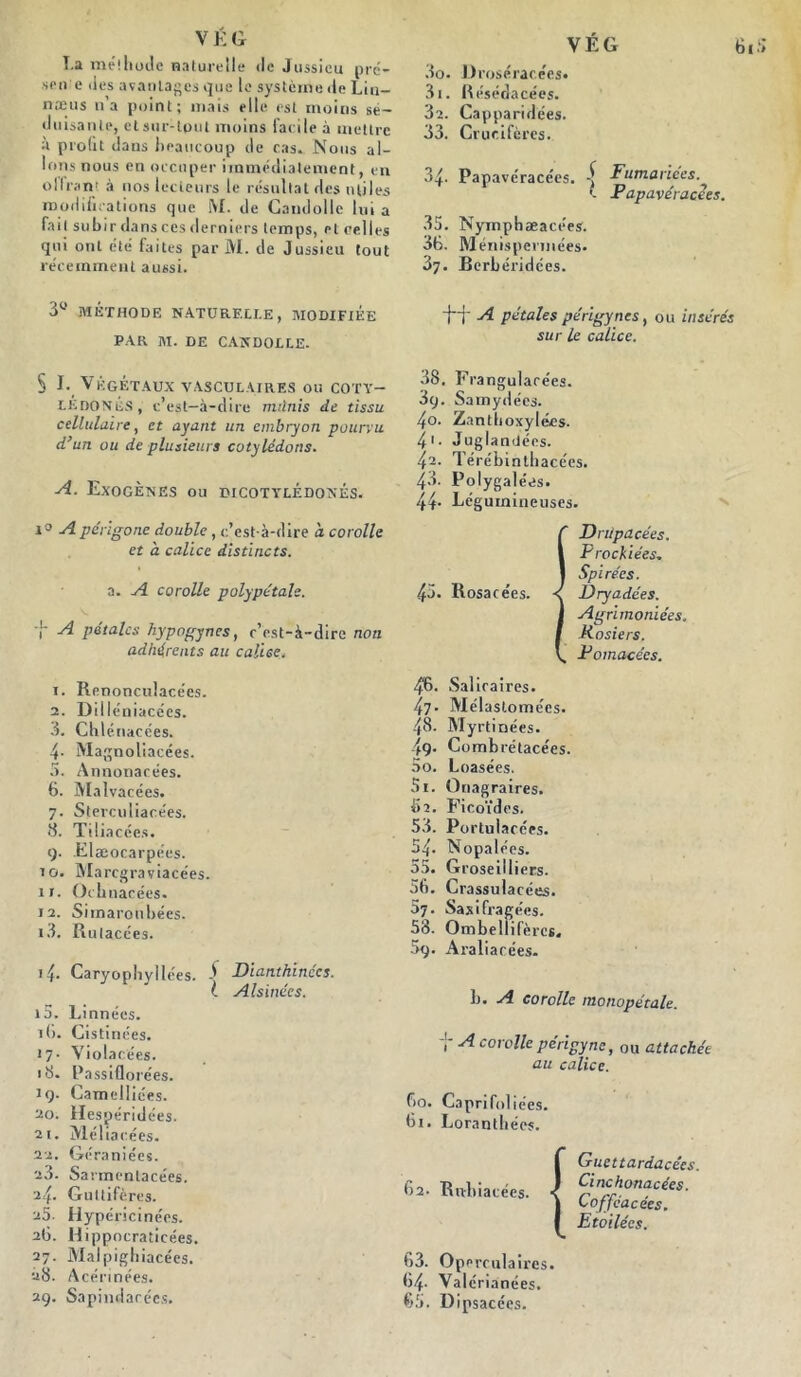 T.a méthode naturelle de Jussieu pré- scn e des avantages que le système de Liu- næus u’a point; mais elle est moins sé- duisante, et sur-tout moins facile à mettre à profit dans beaucoup de cas. Nous al- lons nous en occuper immédiatement, en ollran' à nos lecteurs le résultat des utiles modifications que ÎSI. de Candolle lui a fait subir dans ces derniers temps, et celles qui ont été faites par M. de Jussieu tout récemment aussi. do. Droséracées* 3i. Résédacées. 3î. Capparidées. 33. Crucifè res. 34. Papavcracées. -j[ Fumarie'es. *- Papavéracées. 35. Nymphæacées. 36. Ménisperinées. 37. Berbéridces. 3° MÉTHODE NATURELLE, MODIFIEE PAR M. DE CANDOLLE. ff A pétales périgynes, ou insérés sur le calice. § I. VÉGÉTAUX VASCULAIRES OU COTY- LFDongS, c’est-à-dire mitnis de tissu cellulaire, et ayant un embryon pourvu d’un ou de plusieurs cotylédons. A. Exogènes ou dicotylédones. i° Apérïgone double, c’est-à-dire a corolle et à calice distincts. a. A corolle polypétals. -J- A pétales hypogynes, r’cst-à-dire non adhérents au calice, 1. Renonculacées. 2. Dilléniace'es. 3. Cblénace'es. 4- Magnoliacées. 5. Annonacées. 6. Malvacées. 7. Stevculiacées. 8. Tiliacées. 9. Elæocarpées. 10. Marcgraviacées. it. Ochnaeées. 12. Sirnaroubées. 13. Ru (accès. 14. Caryophyllées. S Dianthinccs. ( Alsinées. 15. Linne'es. 16. Cistinées. 17. Violacées. 18. Passiflorées. 19. Camellic'es. 20. Hespéridées. 21. Méliacées. 22. Géraniées. 23. Sa rmenlacées. 24- Gultifères. 25. Hypéricinées. 26. Hippocraticées. 27. Madpighiacées. 28. Acérmées. 29. Sapindacées. 38. Frangulacées. Si). Samyde'cs. 40. Zantboxylées. 41. Juglantiées. 42. Térébintbacées. 43. Polygalées. 44- Légumineuses. 45. Rosacées. Driipacées. Prochiées, Spirées. Dryadées. Agrimoniées. Rosiers. Potnacécs. 46. Salicaires. 4l • Mélastomées. 48. Myrtinées. 4q. Combrétacées. 50. Loasées. 51. Onagraires. fia. Ficoïdes. 53. Portulacées. 54. Nopalées. 55. Groseilliers. 56. Crassulacées. 57. Saxifragécs. 53. Ombellifèrcs. Sç. Araliacées. b. A corolle monopétale. i A corolle périgync, ou attachée au calice. Go. Caprifoliées. 6i. Lorantliées. 62. Rubiacées. Gucttardacées. Cinchonacées. Coffeacées. Etoilées, 63. Operculaires. 64- Valérianées. 65. Dipsacées.