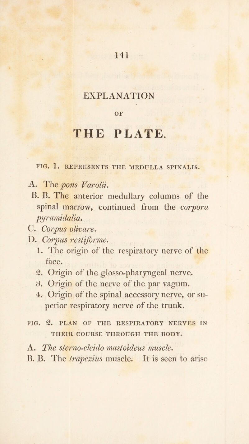 EXPLANATION OF THE PLATE. FIG. 1. REPRESENTS THE MEDULLA SPINALIS. A. The pons Varolii. B. B. The anterior medullary columns of the spinal marrow, continued from the corpora pyramidalia. C. Corpus olivcire. D. Corpus restiforme. 1. The origin of the respiratory nerve of the face. 2. Origin of the glosso-pharyngeal nerve. 3. Origin of the nerve of the par vagum. 4. Origin of the spinal accessory nerve, or su= perior respiratory nerve of the trunk. FIG. 2. PLAN OF THE RESPIRATORY NERVES IN THEIR COURSE THROUGH THE BODY. A. The sterno-cleido mastoideus muscle. B. B. The trapezius muscle. It is seen to arise