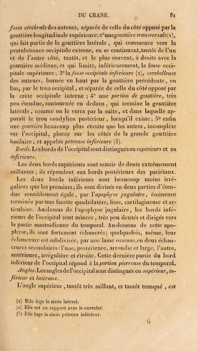 fosse cérébrale àes auteurs, séparée de celle du côté opposé parla gouttière longitudinale supérieure;2®iine^oMiiïè/’e transuersale{i)^ qui fait partie de la gouttière latérale , qui commence vers la protubérance occipitale externe, en se continuant,tantôt de l’un et de l’autre côté, tantôt, et le plus souvent, à droite avec la gouttière médiane, et qui limite, inférieurement, la fosse occi- pitale supérieure ; 3° la fosse occipitale inférieure [‘i), cerehelleuse des auteurs, bornée en haut par la gouttière précédente, en bas, par le trou occipital, et séparée de celle du côté opposé par la crête occipitale interne ; 4-® une portion de gouttière^ très peu étendue, contournée en dedans , qui termine la gouttière latérale, comme on le verra par la suite, et dans laquelle ap- paraît le trou condylien postérieur, lorsqu’il existe ; 5® enfin une gouttière beaucoup plus étroite que les autres , incomplète sur l’occipital, placée sur les côtés de la grande gouttière basilaire , et appelée pétreuse inférieure (3). j5o/Y/>ç,Lesbords de l’occipital sont distingués en et en inférieurs. Les deux bords supérieurs sont munis de dents extrêmement saillantes ; ils répondent aux bords postérieurs des pariétaux. Les deux bords inférieurs sont beaucoup moins irré- guliers que les premiers ; ils sont divisés en deux parties d’éten- due sensiblement égale , par Vapophyse jugulaire, éminence terminée par une facette quadrilatère, lisse, cartilagineuse et ar- ticulaire. Au-dessus de Lapopliyse jugulaire, les bords infé- rieurs de l’occipital sont minces , très peu dentés et dirigés vers la partie mastoïdienne du temporal. Au-dessous de cette apo- pliyse, ils sont fortement écliancrés; quelquefois, même, leur ecliancrure est subdivisée, par une lame osseuse,en deuxéclian- crures secondaires : rime, postérieure, arrondie et large; l’autre, antérieure, irrégulière et étroite. Cette dernière partie du bord inlérieurde l’occipital répond à portion pierreuse du temporal. angles de l’occipital sont distingués en supérieur^ in- férieur et latéraux. L’angle supérieur, tantôt très saillant, et tantôt tronqué , est (1) Elle loge le sinus latéral. (2) Elle est en rapport avec le cervelet. (5) Elle loge le sinus pétreux intérieur.