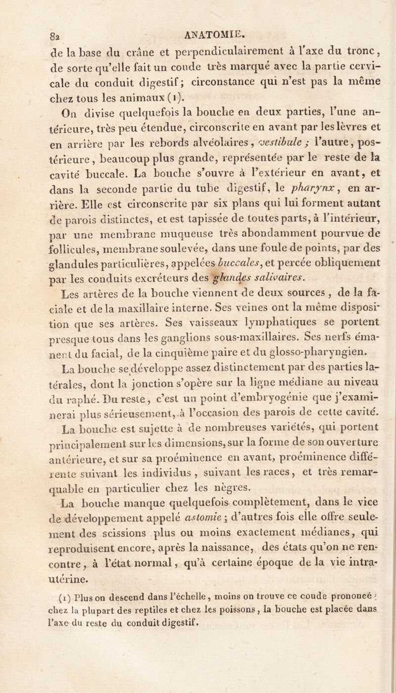 de la base du crâne et perpendiculairement à l axe du tronc, de sorte qu’elle fait un coude très marqué avec la partie cervi- cale du conduit digestif; circonstance qui n’est pas la même chez tous les animaux ( i). On divise quelquefois la bouche en deux parties, l’une an- térieure, très peu étendue, circonscrite en avant par les lèvres et en arrière par les rebords alvéolaires, Qesühule ; l’autre, pos- térieure , beaucoup plus grande, représentée par le reste de la cavité buccale. La bouche s’ouvre à l’extérieur en avant, et dans la seconde partie du tube digestif, le pharynx ^ en ar- rière. Elle est circonscrite par six plans qui lui forment autant de parois distinctes, et est tapissée de toutes parts, à l’intérieur, par une membrane muqueuse très abondamment pourvue de follicules, membrane soulevée, dans une foule de points, par des glandules particulières, appelées buccales, et percée obliquement par les conduits excréteurs des gkincks salivaires. Les artères de la bouche viennent de deux sources , de la fa- ciale et delà maxillaire interne. Ses veines ont la même disposi- tion c[ue ses artères. Ses vaisseaux lymphatiques se portent presque tous dans les ganglions sous-maxillaires. Ses nerfs éma- nent du facial, de la cinquième paire et du glosso-pharyngien. La bouche se cléveloppe assez distinctement par des parties la- térales, dont la jonction s’opère sur la ligne médiane au niveau du raphé. Du reste, c’est un point d’embryogénie que j’exami- nerai plus sérieusement, a 1 occasion des parois de cette cavité. La bouche est sujette à de nombreuses variétés, qui portent principalement sur les dimensions, sur la forme de son ouverture antérieure, et sur sa proéminence en avant, proéminence diffé- rente suivant les individus , suivant les races, et très remar- quable en particulier cirez les nègres. La bouche manque quelquefois complètement, dans le vice de développement appelé astomie ; d’autres fois elle offre seule- ment des scissions plus ou moins exactement médianes, qui reproduisent encore, après la naissance, des états qu’on ne ren- contre , à l’état normal, qu’à certaine époque de la vie intra- utérine. (i) Plus on descend dans l’échelle , moins on trouve ce coude prononcé ^ chez la plupart des reptiles et chez les poissons , la bouche est placée dans l’axe du reste du conduit digestif.