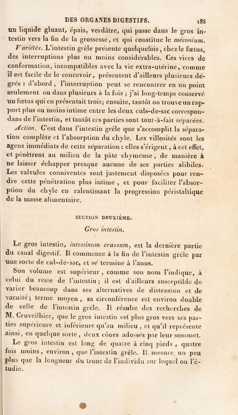 un liquide gluant^ épais, verdâtre, qui passe dans le gros in- testin vers la fin de la grossesse, et qui constitue le méconium. V ariétés. L’intestin grêle présente quelquefois, chez le fœtus, des interruptions plus ou moins considérables. Ces vices de conformation, incompatibles avec la vie extra-utérine, comme il est facile de le concevoir, présentent d’ailleurs plusieurs dé- grés ; d’abord, l’interruption peut se rencontrer en un point seulement ou dans plusieurs à la fois ; j’ai long-temps conservé unfœtus qui en présentait trois; ensuite, tantôt on trouve un rap- port plus ou moins intime entre les deux culs-de-sac correspon- dans de l’intestin, et tantôt ces parties sont tout-à-fait séparées. Action, C’est dans l’intestin grêle que s’accomplit la sépara- tion complété et l’absorption du chyle. Les villosités sont les agens immédiats de cette séparation : elles s’érigent, à cet effet, et pénètrent au milieu de la pâte chymeuse, de manière à ne laisser échapper presque aucune de ses parties alibiles. Les valvules conniventes sont justement disposées pour ren- dre cette pénétration plus intime , et pour faciliter l’absor- ption du chyle en ralentissant la progression péristaltique de la masse alimentaire. SECTION DEUXIÈME. Gros intestin. Le gros intestin, intesiinum crassum^ est la dernière partie du canal digestif. Il commence à la fin de l’intestin grêle par une sorte de cul-de-sac, et sé termine à l’anus. Son volume est supérieur , comme son nom l’indique, à celui du reste de l’intestin ; il est d’ailleurs susceptible de varier beaucoup dans ses alternatives de distension et de ♦ f vacuité; terme moyen, sa circonférence est environ double de celle de l’intestin grêle. Il résulte des recherches de M. Cruveilhier, que le gros intestin est plus gros vers ses par- ties supérieure et inférieure qu’au milieu , et qu’il représente ^insi, en quelque sorte, deux cônes adossés par leur sommet. Le gros intestin est long de quaîre à cinq pieds , quatre fois moins , environ , que l’intestin grêle. IL mesure un peu plus que la longueur du tronc de l’individu sur lequel on l’é- tudie.