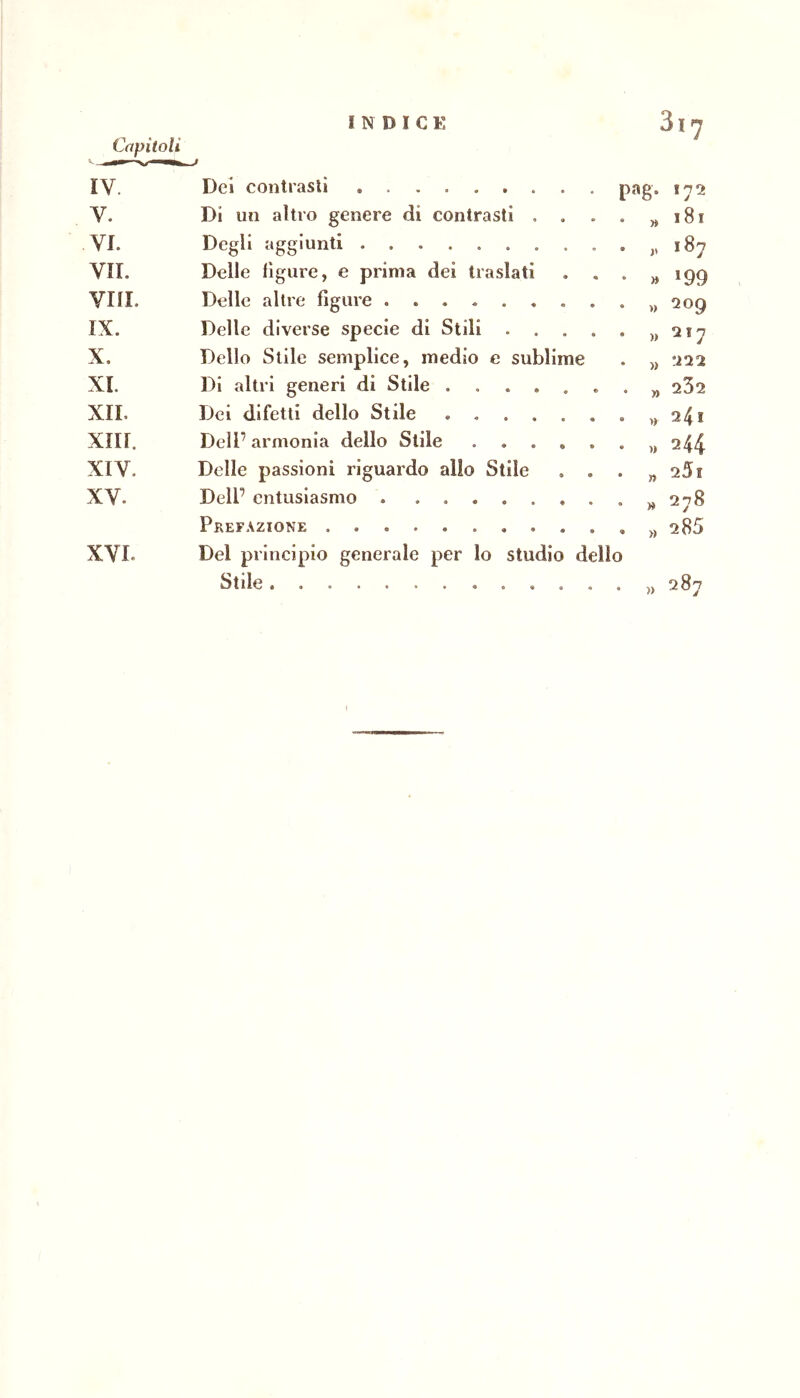 Capitoli IV. Dei contrasti pag. 172 V. Di un altro genere di contrasti , . • » 181 VI. Degli aggiunti 187 VII. Delle figure, e prima dei traslati . . • » »99 Vili. Delle altre figure • » aoQ IX. Delle diverse specie di Stili .... • )) 217 X. Dello Stile semplice, medio e sublime • » !i22 XI. Di altri generi di Stile • » 232 XIL Dei difetti dello Stile • » 241 xni. Dell’ armonia dello Stile • M 244 XIV. Delle passioni riguardo allo Stile . . • » 25i XV. Dell’ entusiasmo • » 278 Pref.\zione * » 285 XVI. Del principio generale per lo studio dello Stile . co