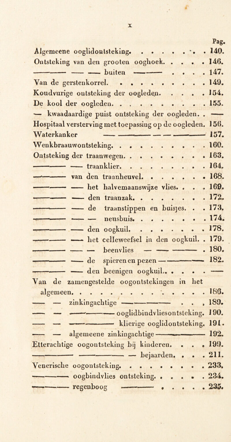 Pag. Algemeene ooglidonlsleking.. . 140. Ontsteking van den grooten ooghoek. .... 146. -- - —— buiten -.... 147. Van de gerslenkorrel. ..149. Koudvurige ontsteking der oogiedeji. .... 154, De kool der oogleden..155. ’— kwaadaardige puist ontsteking der oogleden. . - Hospitaal versterving met toepassing op de oogleden. 156. Waterkanker-— ...... 157. Wenkbraauwontsteking.160. Ontsteking der traanwegen. 163. ■ -- traanklier.164. —-- van den tra anheuvel. ...... 168. ■ —- het halvemaanswijze vlies. . . . 169. • --- -- den traanzak. . 172. • -- — -- de traanstippen en buisjes. . . 173. ---- --neusbuis..174. •— -- - den oogkuil. ....... 178. het celleweefsel in den oogkuil. . 179. --- -- — beenvlies —-. 180. --- —— de spierenen pezen--- 182. ---- -— den beenigen oogkuil.. Van de zamengesteide oogontstekingen in het algemeen.*.IBO. - — zinkingachtige-. . , 189. - — .. . ----ooglidbindvliesontsteking. 190. - — --- . — klierige ooglidontsteking, 191. ■— — algemeene zinkingachtige--- 192. Etlerachtige oogontsteking bij kinderen. . . . 199. ---— bejaarden, . . .211. Venerische oogontsteking. ........ 233, --—* oogblndvlies ontsteking, • , , . . 234, —^— -regenboog -- • . . . • 235*