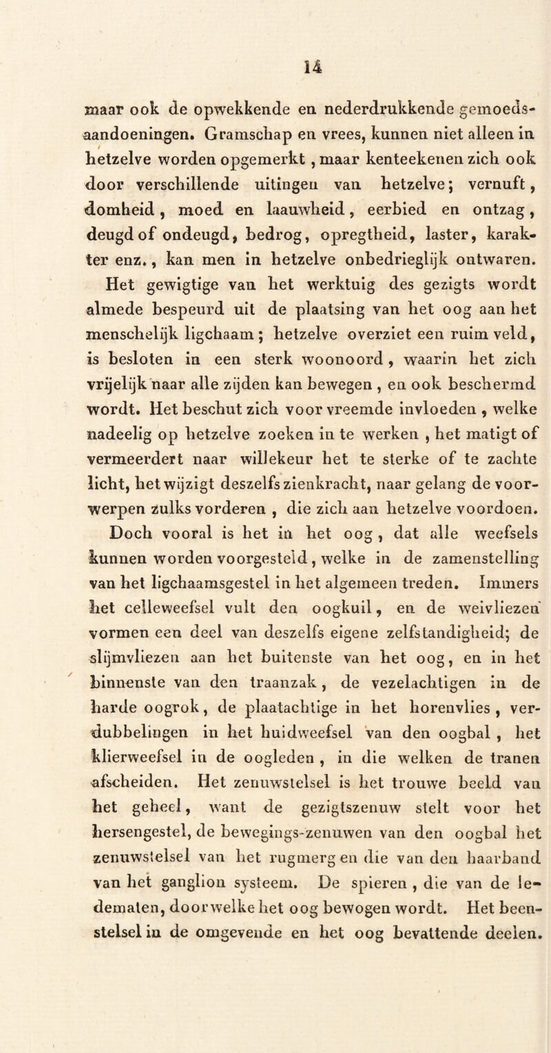 maar ook de opwekkende en nederdrukkende gemoeds¬ aandoeningen. Gramschap en vrees, kunnen niet alleen in hetzelve worden opgemerkt ,maar kenteekenen zich ook door verschillende uitingen vau hetzelve; vernuft, domheid, moed en laauwheid, eerbied en ontzag, deugd of ondeugd, bedrog, opregtheid, laster, karak¬ ter enz., kan men in hetzelve onbedrieglijk ontwaren. Het gewlgtige van bet werktuig des gezlgts wordt almede bespeurd uit de plaatsing van het oog aan het menschelijk ligchaam ; hetzelve overziet een ruim veld, is besloten in een sterk woonoord , waarin het zich vrijelijk naar alle zijden kan bewegen , en ook beschermd wordt. Het beschut zich voor vreemde invloeden , welke iiadeellg op hetzelve zoeken in te werken , het matigt of vermeerdert naar willekeur het te sterke of te zachte licht, het wijzigt deszelfszieiikracht, naar gelang de voor¬ werpen zulks vorderen , die zich aan hetzelve voordoen. Doch vooral is het in het oog , dat alle weefsels kunnen worden voorgesteid, welke in de zamenstelling van het ligchaamsgestel in het algemeen treden. Immers bet ceileweefsel vult den oogkuil, en de weivliezen vormen een deel van deszelfs eigene zelfstandigheid; de slijmvliezen aan het buitenste van bet oog, en in het binnenste van den traanzak, de vezelachtlgen in de harde oogrok, de plaatachtige in het horenvlies, ver¬ dubbelingen in het huidweefsel Van den oogbal , het klierweefsel in de oogleden , in die welken de tranen afscheiden. Het zenuwstelsel is het trouwe beeld van bet geheel, want de gezigtszenuw stelt voor het hersengestel, de bewegings-zeniiwen van den oogbal het zenuwstelsel van het rugmergen die van den haarband van het ganglion systeem. De spieren , die van de le¬ dematen, door welke het oog bewogen wordt. Het been¬ stelsel in de omgevende en bet oog bevattende deelen.