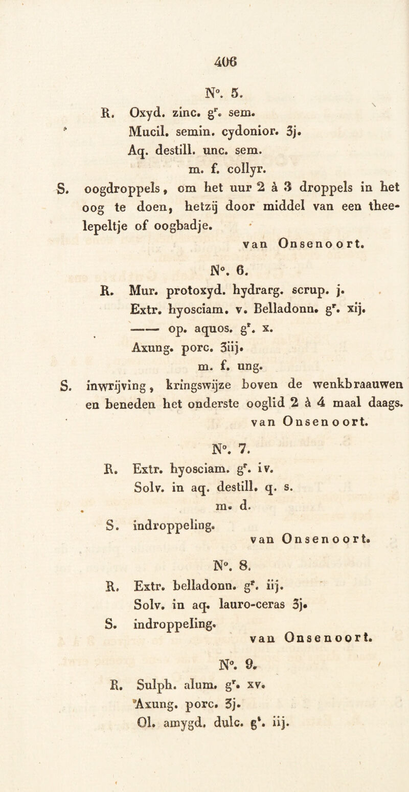 5. K, Oxyd. zinc. g*® sem. Mucil. semin, cydonior. 3j. Aq. destill. unc, sem. m. f. collyr. oogdroppels» om het uur 2 a 3 droppels ia het oog te doen, hetzij door middel van een thee¬ lepeltje of oogbadje. van Onsenoort. 6. R, Mur. protoxyd. hydrarg. scrup. j. Extr* hyosciam, v, Belladonn* g'. xij. -op, aquos, g'. x. Axung. porc. 3iij* m. f. ung. inwrijving, kringswijze hoven de wenkbraauwen en beneden het onderste ooglid 2^4 maal daags. van Onsen o ort. N\ 7. R, Extr. hyosclam. g*“. iv. Solv. in aq. destill, q. s. . m« d. S. indroppeling. van Onsenoort, N^ 8. R. Extr, belladonn, g', ilj. Solv, in aq, lauro-ceras 3j» S, indroppeling, van Onsenoort, 9, R, Sulph. alum. g'. xv, *Axung. porc. 3j, 01, amygd. dulc. g*, iij.