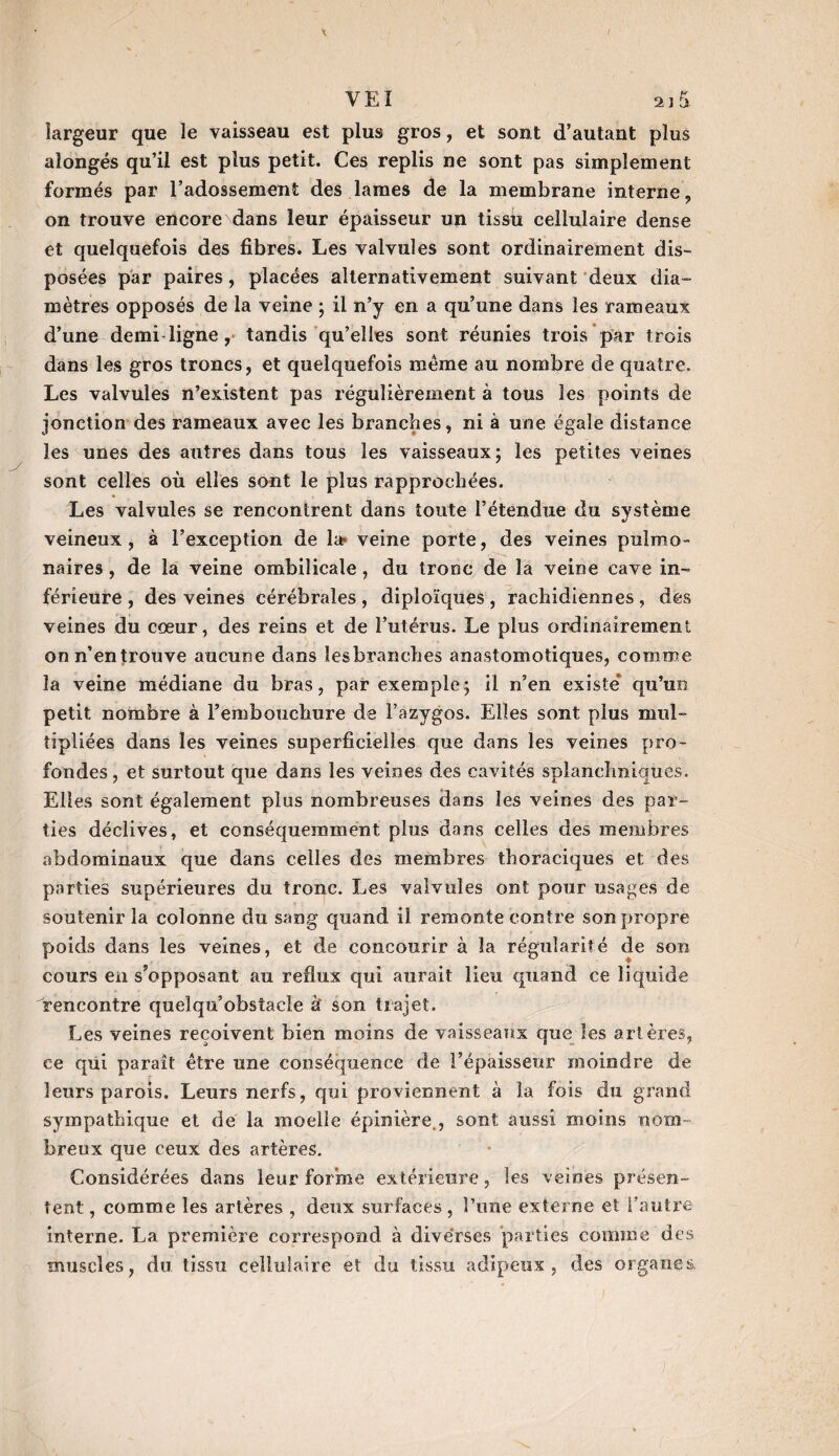 VEI 21& largeur que le vaisseau est plus gros, et sont d’autant plus aiongés qu’il est plus petit. Ces replis ne sont pas simplement formés par l’adossement des lames de la membrane interne, on trouve encore dans leur épaisseur un tissu cellulaire dense et quelquefois des fibres. Les valvules sont ordinairement dis¬ posées par paires, placées alternativement suivant deux dia¬ mètres opposés de la veine ; il n’y en a qu’une dans les rameaux d’une demi-ligne,- tandis qu’elles sont réunies trois par trois dans les gros troncs, et quelquefois même au nombre de quatre. Les valvules n’existent pas régulièrement à tous les points de jonction des rameaux avec les branches, ni à une égale distance les unes des autres dans tous les vaisseaux; les petites veines sont celles où elles sont le plus rapprochées. Les valvules se rencontrent dans toute l’étendue du système veineux, à l’exception de la? veine porte, des veines pulmo¬ naires , de la veine ombilicale, du tronc de la veine cave in¬ férieure, des veines cérébrales, diploïques, rachidiennes, des veines du cœur, des reins et de l’utérus. Le plus ordinairement on n’en trouve aucune dans îesbranches anastomotiques, comme la veine médiane du bras, par exemple; il n’en existé qu’un petit nombre à l’embouchure de l’azygos. Elles sont plus mul¬ tipliées dans les veines superficielles que dans les veines pro¬ fondes, et surtout que dans les veines des cavités splanchniques. Elles sont également plus nombreuses dans les veines des par¬ ties déclives, et conséquemment plus dans celles des membres abdominaux que dans celles des membres thoraciques et des parties supérieures du tronc. Les valvules ont pour usages de soutenir la colonne du sang quand il remonte contre son propre poids dans les veines, et de concourir à la régularité de son cours en s’opposant au reflux qui aurait lieu quand ce liquide rencontre quelqu’obstacle à son trajet. Les veines reçoivent bien moins de vaisseaux que les artères, ce qui paraît être une conséquence de l’épaisseur moindre de leurs parois. Leurs nerfs, qui proviennent à la fois du grand sympathique et de la moelle épinière., sont aussi moins nom breux que ceux des artères. Considérées dans leur forme extérieure, les veines présen¬ tent , comme les artères , deux surfaces , î’une externe et l’autre interne. La première correspond à diverses parties comme des muscles, du tissu cellulaire et du tissu adipeux, des organes
