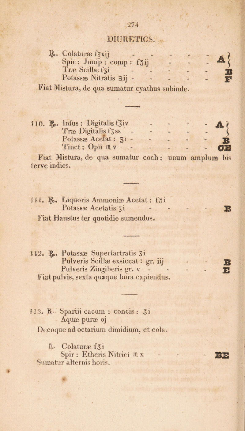 DIURETICS. lj©« Colaturae fzxij - Spir: Jump : comp: fgii Tree Scillae £31 Potassae Nitralis Sij - Fiat Mistura, de qua sumatur cyathus subinde. HO* Infus: Digitalis fjiv - - - - A't Trse Digitalis £3 ss - ^ Potassae Acelat: 5* - - - - - jj Tinct: Opii mv - - - - - 0J3 Fiat Mistura, de qua sumatur coch: unum amplum bis terve indies. * Ill. 3J>. Liquoris Ammonias Acetat: fgi Potassae Acetatis 3 i g Fiat Haustus ter quotidie sumendus. 112, IJo. Potassae Supertartratis 3* Pulveris Scillae exsiccat • gr. iij Pulveris Zingiberis gr. v Fiat pulvis, sexta quaque bora capiendus. 113. Spariii cacum : concis : gi Aquae purae. oj Decoque ad octarium dimidium, et cola. R- Colaturae fgi Spir: Etheris Nitric i lUx - - * SW Sumatur alterais horis*