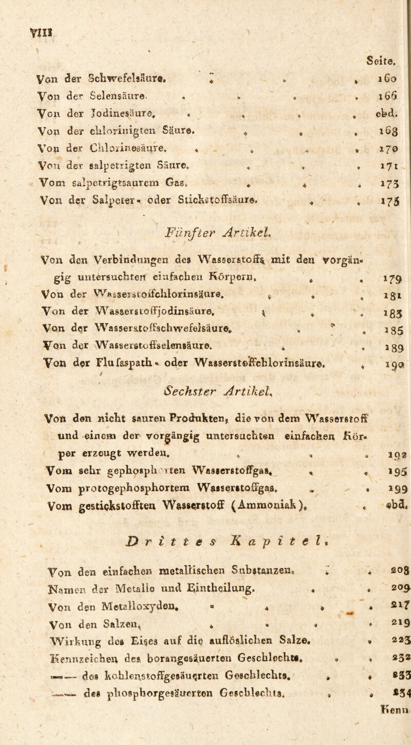 Vîlî \ Von der Schwefelsäure, * 0» Seite, * 160 Von der Selensäure. . r66 Von der JodinesäuTO, . » » . ebd. Von der clilorinigten Säure. * « . 163 Von der ClilorinesäuTe. ♦ , » . 170 Von der salpetrigten Säure. . • . 171 Vom salpetrigtsaurem Gas. * - 173 Von der Salpeter- oder Stickstoffsäure, ♦ - 175 Fünfter Artikel, /■- Ven âen Verbincliiiigen des WasserstoiF^ mit den vorgän¬ gig lâiitèrsuchten eiufaclien Körpern» ' ^ , Von der WÄäserätoifclilorinsäare, ^ Von der WasserstoiFjodinsäure, ^ ^ Von der WaaseratofFachwefelsaure* , « Von der vWasaerstofiselensäure. * Von der Fluf&spath- oder WasserstofFeBlorinsäure. , / r Sechster Artikel, , Von den nicHt sauren Produkten, die von dem V\’'as9eT8toff und einem der vorgängig untersuchten einfachen Kör¬ per erzeugt werden. » , * Vom sehr gephosph 'vten Wasserstoffgas* , « Vom protogephosphortem Wasserstoffgas. * • Vom gestiçkstoffteu Wasserstoff ( Ammoniak )♦ ♦ 179 igi 185 1S5 189 190 192 195 199 ebd« Drittes Kapitel Von den einfachen raotalîischen Substanzen« I Namen der Metalle und Kintheilung. . Von den Metalloxyden*  * » Von den Salzen^ * • » Wirkung des Ei§e3 auf die auflÖsUchen Salze. Kennzeichen des borangesäuerten Geschlechts. des kohlerxstofFgesäuerten Geschlechts, * des pliospborgesgwerten GescbUclits. , * 208 . 209  . S17 . 219 , 223 , 232 ♦ «33 Kenn