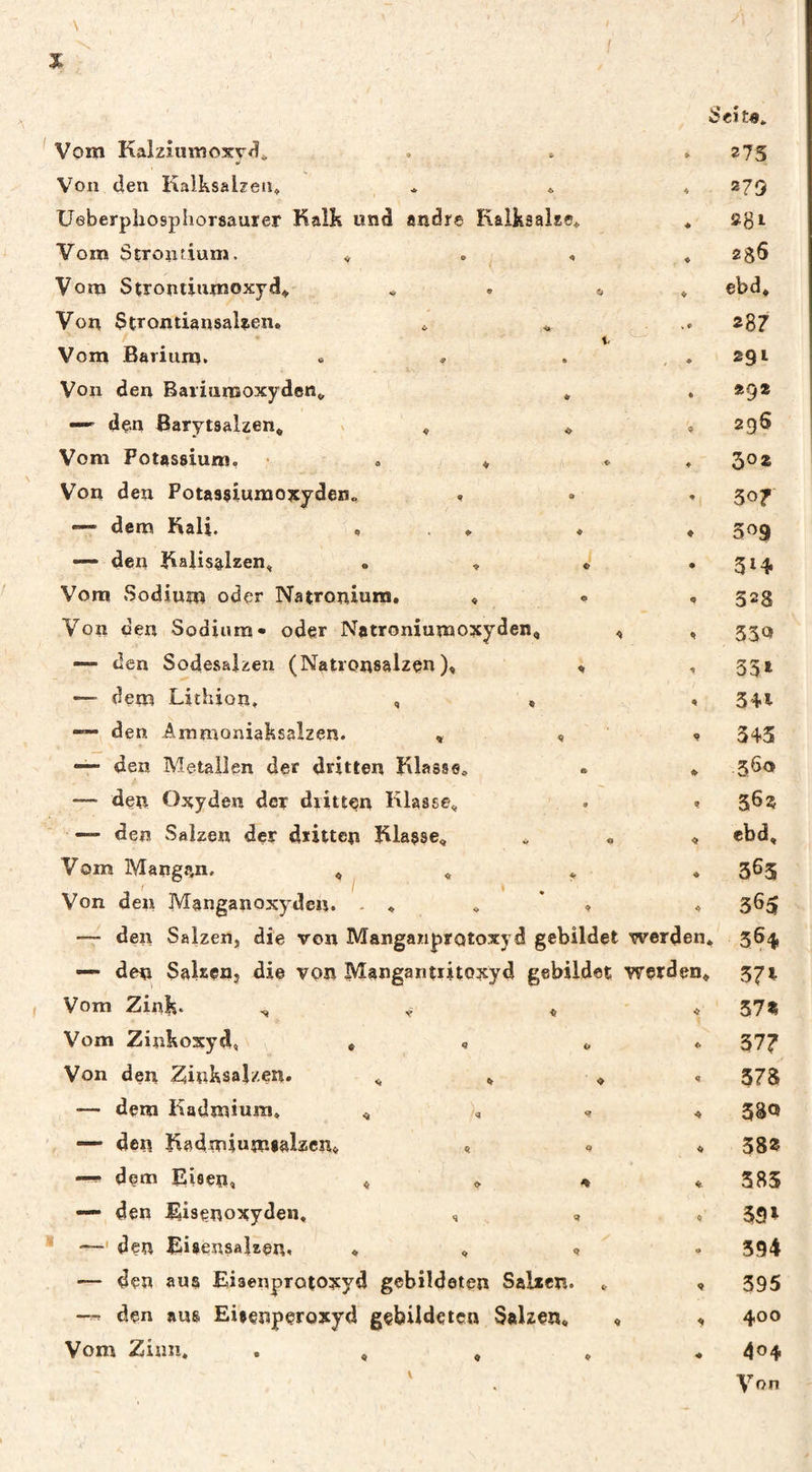 V % Vom Kalzîuiîîoarriî» . » » 275 Von den Kalksahen, * , , 273 UeberpliosphoTsaurer Kalk und andre Kalksalse* * S8i Vom Strontium. , *2 86 Vom Stromiumoxyd^ ... «, ♦ cbd. Von StrontiansaUen. , „ .. «87 t. Vom Barium. .. . . .291 Von den Bariunsoxyden^ , , 292 — den Barytsalzen* ' « ♦ * 296 Vom Potassium, . ♦ . , 3®* Von den Potassiumoxyden« , . . 5of — dem Kali. , . ♦ ♦ ♦ 509 — den Kalisalzen, . , J . Vom Sodium oder Natroniura. , ® , 523 Von den Sodium* oder Natroniumoxyden, , , 33Q — den Sodesalzen (Natronsalzçn ), « , 331 — dem Lithion, , , « 34i den Ammoniaksalzen. , , ‘ 9 343 — den Metallen der dritten Klasse, • * 3^0 — den Oxyden der diitten Klasse, . 9 3^^ — den Salzen der dritten Klasse, , • <, ebd. Vom Mangan. , , , , 363 Von den Manganoxyden. - , , , , 365 — den Salzen, die von ManganpîQtoxyd gebildet werden* 36^ — den SaUeUj di© von Mangantiitoxyd gebildet werden* 371. Vom Zink* ^ V « Vom Zinkoxyd, * « Von den Zinksalzen. , * — dem Kadmium, , , — den Kadmiumsalacn, , —*• dem Eisen, « » —» den Eisenoxyden, , , —' den Eisensahen, * , 9 — den aus Eisenprotoxyd gebildeten Salten, den ans Eijenperoxyd gebildeten Salzen« Vom Zinn, . * , 57« 37? 378 3äQ 38« 385 591 394 395 400 404
