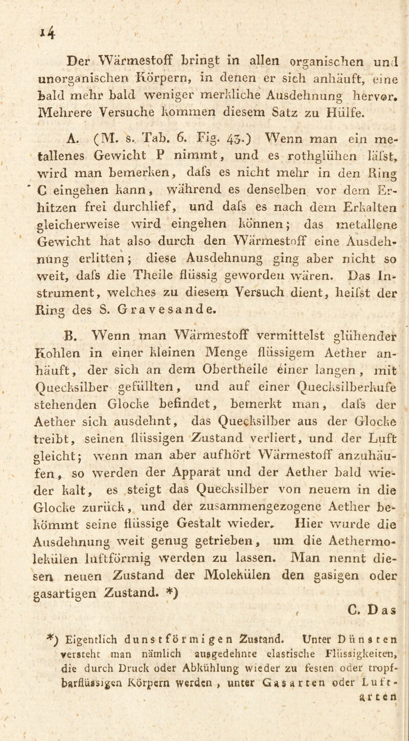 Der Warmestoff bringt in allen organischen und unorganischen Körpern, in denen er sich anhäuft, eine bald mehr bald weniger merldiche Ausdehnung hervor* Mehrere Versuche kommen diesem Satz zu Hülfe. A.^ (M. s.. Tab. 6. Fig. 45.) Wenn man ein me¬ tallenes Gewicht P nimmt, und es rothglühen läfst, wird man bemerken, dafs es nicht mehr in den Rins C eingehen kann, während es denselben vor dem Er¬ hitzen frei durchlief, und dafs es nach dem Erkalten ■ gleicherweise wird eingehen können ; das metallene Gewicht hat also durch den Wärmestoff eine Ausdeh- nung erlitten ; diese Ausdehnung ging aber nicht so weit, dafs die Theile flüssig geworden waren. Das In¬ strument, welches zu diesem Versuch dient, heilst der Ring des S. Gravesande. ■B. Wenn man Wärmestoff vermittelst glühender Kohlen in einer kleinen Menge flüssigem Aether an¬ häuft , der sich an dem Obertheile einer langen , mit Quecksilber gefüllten, und auf einer Quecksilberkufe stehenden Glocke befindet, bemerkt man, dafs der Aether sich ausdehnt, das Quecksilber aus der Glocke treibt, seinen flüssigen IZustand verliert, und der Luft gleicht: wenn man aber aufhört Wärmestoff anzuhäu- ö ' fen> so werden der Apparat und der Aether bald wie¬ der kalt, es steigt das Quecksilber von neuem in die Glocke zurück, und der zusammengezogene Aether be¬ kömmt seine flüssige Gestalt wieder* Hier wurde die Ausdehnung weit genug getrieben, um die Aethermo- lekülen lüftfÖrmig werden zu lassen. Man nennt die¬ sen neuen Zustand der Molekülen den gasigen oder gasartigen Zustand. *) r C. Das Eigentlich dunstförmigen Zustand. Unter Dünsten versteht man nämlich ausgedehnte elastische Flüssigkeiten, die durch Druck oder Abkühlung wieder zu festen oder tropf¬ barflüssigen Körpern werden, unter Gas arten oder Luft-