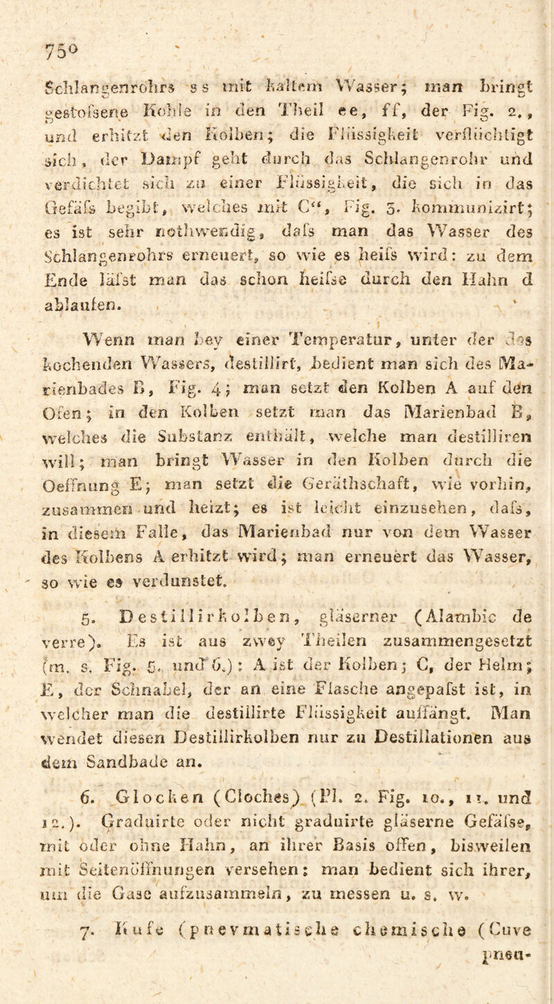 Scliîangenrôhrs s s mit: t.aUftm Wasser; man bringt s>e8toföeiie Fîohle in den Theil ee, ff, der Fi^. 2^, lind erhitzt den Kolben; die Flüssigkeit verlliicliligt sich, der Dampf geht durch das Schlangenrohr und vôrdîchtet sich za einer Flüssigkeit, die sich in das Gefafs begibt, vvelclies mit C’'S Fig. 5. kommunizirtj es ist sehr nothwendig, dafs man das Wasser des Schlangenrohrs erneuert, so wie es lieifs wird: zu dem Ende läl’st man das schon heirse üiircli den Hahn d ablaufen. Wenn man hey einer Temperatur, unter der d-ss kochenden W^assers, desLiliirt, bedient man sich des [Via- rienbades B, Fig. 4? man setzt den Kolben A auf den Oien; in den Kolben setzt man das Marienbad welches die Substanz enthält, welche man destilliren will ; man bringt Wasser in den Kolben durch die Oeltnung E; man setzt élie Geraîhschaft, wie vorhin, zusammen und heizt; es ist leicht einzusehen, dafs, in dieseih Falle, das Marienbad nur von dem Wasser des Kolbens A erhitzt wird; man erneuèrt das Wasser, so wie verdunstet. 5. D e s t i 11 i r k ü I b e n , gläserner (Alambic de verre). Es ist aus zwey Tiuîilen zusammengesetzt (m, s, Fig. 5. und 6J : A ist der Kolben; C, der Helm; E, der Sclifîâbel, der an eine Flasche angepafst ist, in welcher man die destiilirte Flüssigkeit aulfängt, Alan wendet diesen Destiilirkolben nur zu Destillationen aus dem Sandbade an. 6. Glocken (Cloches^ (î?l. 2, Fig. 10., i». und j2.). Gradüirte oder nicht graduirte gläserne Gefäfse, mit oder ohne Hahn, an ihrer Basis offen, bisweilen mit Seitenulfnungen versehen; man bedient sich ihrer, um die Gase aufzusammeln, zu messen u, s, w. Kufe (p nevmaîiscliô chemische (Cuve pneu-