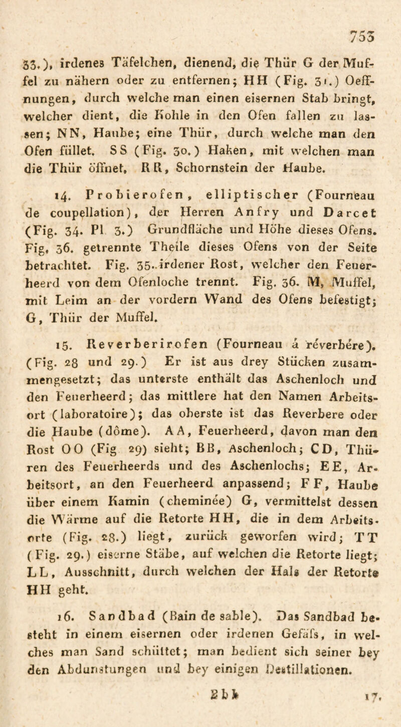 r-j r~ J DÙ 33»), îrdenes Täfelchen, dienend, die Thür G der Muf¬ fel zu nähern oder zu entfernen; HH (Fig» 3».) Oeff- nungen, durch welche man einen eisernen Stab bringt, welcher dient, die Kohle in den Ofen fallen zu las¬ sen; NN, Haube; eine Thür, durch welche man den Ofen füllet. SS (Fig. 30.) Haken, mit welchen man die Thür olTnet, RR, Schornstein der Haube. 14. Probierofen, elliptischer (Fourneau de coupellation), der Herren Anfry und Darcet (Fig- 34. PI. 3.) Grundfläche und Höhe dieses Ofens. Fig, 56. getrennte Theile dieses Ofens von der Seite betrachtet. Fig. 35.-Irdener Rost, welcher den Feuer- heerd von dem Ofenloche trennt. Fig. 36. M, Muffel, mit Leim an der vordem Wand des Ofens befestigt; G, Thür der Muffel. 15. Revcrberirofen (Fourneau a réverbère). (Fig. 28 und 29.) Er ist aus drey Stücken zusam¬ mengesetzt; das unterste enthält das Aschenloch und den Feuerheerd; das mittlere hat den Namen Arbeits¬ ort (laboratoire); das oberste ist das Reverbere oder die Haube (dôme). A A, Feuerheerd, davon man den Rost 0 0 (Fig 29) sieht; BB, Aschenloch; CD, Thü* ren des Feuerheerds und des Aschenlochs; EE, Ar¬ beitsort, an den Feuerheerd anpassend; FF, Haube über einem Kamin (cheminée) G, vermittelst dessen die Wärme auf die Retorte HH, die in dem Arbeits¬ orte (Fig. 28.) liegt, zurück geworfen wird; TT (Fig. 29.) eiserne Stäbe, auf welchen die Retorte liegt; LL, Ausschnitt, durch welchen der Hals der Retorte HH geht. 16. San dbad (Bain de sable). Das Sandbad be¬ steht in einem eisernen oder irdenen Gefäfs, in wel¬ ches man Sand schüttet; man bedient sich seiner bey den Abdunstungen und bey einigen Oejitillationen. 2 bit «7.