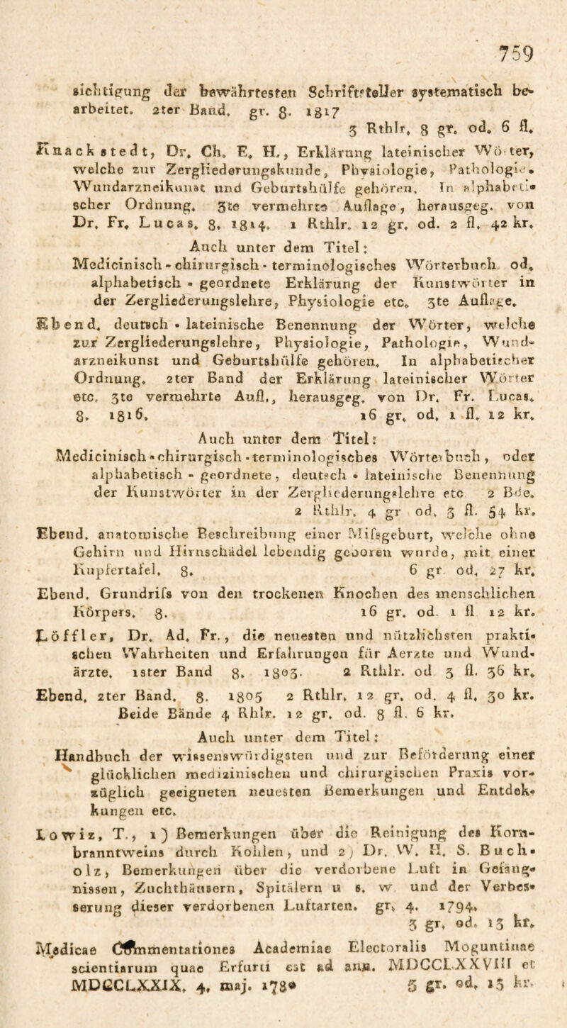 alchtieung Jar bewährtesfen Scbriftfteller aystematiscb be¬ arbeitet. 2ter Band, gr. S- igi? 5 Rthlr, 8 gr. od* 6 fl. Knack stedt, Dr, Ch. E. H,, Erklärnng lateinischer Wo ter, welche zur ZcTgliederuiigskniide, Physiologie, Pathologie. WundarzneikuiiBt und Geburtshillfe gehören. ln ^ilphabttl* scher Ordnung. 3te vermehrte Auflage, herausgeg. von Dr. Fr, Lucas. 3, 1 Rthlr, 12 gr. od. 2 fl, 42 kr. Auch unter dem Titel: Mediciniscli - chirurgisch • terminologisches Wörterbuch, od. alphabetisch • geordnete Erklärung der HunstwörteT in der Zergliederungslehre, Physiologie etc. 5te Aufli'ge. Kbend. deutBch • lateinische Benennung der Wörter, welche zur Zergliederungslehre, Physiologie, Pathologie, W'und- arzneikunst und Geburtshülfe gehören. In alphabetischer Ordnung, 2ter Band der Erklärung lateinischer Wörter ©tc, 5te vermehrte Aufl,, herausgeg. von Dr. Fr. Lucas. 8, ist6, »6 gr. od, 1 .fl. 12 kr. Auch unter dem Titel: Mediciniscli • chirurgisch • terminologisches Wörteibnch , oder alphabetisch - geordnete , deutsch • lateinische Benennung der Kunstwörter in der Zeighodernngslehre etc 2 Bde. 2 Rtiilr, 4 gr od. 5 fl- 54 Ebend, anatomische Beschreibung einer Mifsgeburt, welche ohne Gehirn und Hiinschädel lebendig geooreu wurde, mit einer Kuplertaiel, 8» , b gf öd. 27 kr, Ebend. Grundrifs von den trockenen Knochen des menschlichen Körpers, 8. 16 gr. od. 1 fl 12 kr. Löffler, Dr. Ad. Fr., die neuesten und nützlichsten prakti« scheu Wahrheiten und Erfahrungen für Aerzte und Wund¬ ärzte, ister Band 8* ^ Rthlr. od 5 fl. 36 kr. Ebend, zter Band. 8. 2 Rthlr. 12 gr, od. 4 fl, 30 kr. Beide Bände 4 Rhlr. 12 gr, od. 8 A- b br. Auch unter dem Titel : Handbuch der wissenswüidigsten und zur Befötoernng einet ^ glücklichen medizinischen und chirurgischen Praxis vor¬ züglich geeigneten neuesten Bemerkungeu und Entdek- kungeii etc. Lowiz, T., 1) Bemerkungen über die Reinigung des Korn¬ branntweins durch Kohlen, und 2 y Dr. W. fl. S. Buch« olz, Bemerkungen über die verdorbene Luft in Geiaiig« nissen, Zuchthäusern, Spitälern u 6, w und der Verbes« serung dieser verdorbenen Luftarten, gr. 4. i794» Mddicae CÄnmentationes Academiae Electoralis Moguntinae scientiarum quae Erfurii est ad aiui, IVIDCCL.AXVIH eC MDCCLXXIX. 4. maj. x78<» 5 gr* »5