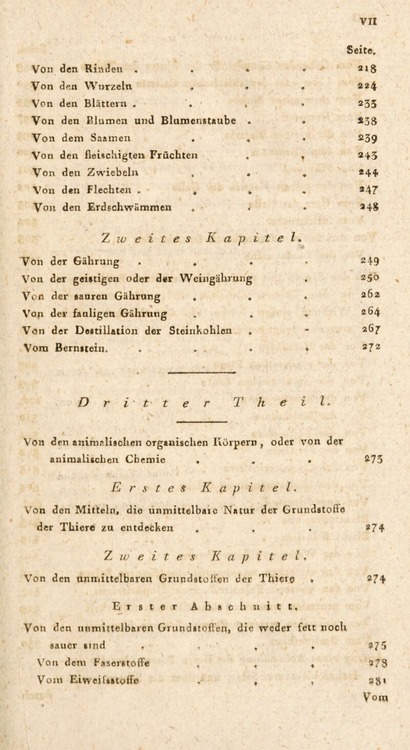 / Seite» Von den Rinden . . • . * ' 215 Von den Wurzeln « . # 224 Von den Blättern . • » . 235 Von den Blumen und Blumenstaube . . ' Ä38 Von dem Saamen . * • 239 Von den fleischigten Früchten ^ * ♦ 245 Von den Zwiebeln , • » ' 244« Von den flechten . • , * . *47 I Von den Erdschwammcn » ■ , *48 Zweites Kapitel» Von der Gährung . , * . . 2-49 Von der geistigen oder der Wcingährung , 256 Von der sauren Gährung ♦ • ♦ Von der fauligen Gährung »• ♦ * 264 Von der Destillation der Steinkohlen , - 267 Vom Bernstein» . ». . ♦ *7 2 Dritter T h e i Von den animalischen organischen Ivürpern , oder von der animalischen Chemie . . * . 273 Erstes Kapitel. Von den Mitteln, die ünmittelbaio Natur der Grundstoffe der Thier« zu entdecken , , . 274 Zweites Kapitel. Von den unmittelbaren Grundstoffen der Thiere , 274 Erster Abschnitt, Von den unmittelbaren Grundstoffen, die weder fett noch sauer sind , , ' » . $75 Von dem Faserstoffe , , ,  27S Vom Eiweifsstoffe , 28» Vom