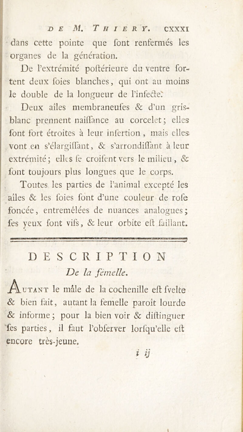 dans cette pointe que font renfermés les organes de la génération. De l’extrémité poftérieure du ventre for- tent deux foies blanches, qui ont au moins le double de la longueur de l’infede^ Deux ailes membraneufes & d’un gris- blanc prennent nailfance au corcelet ; elles font fort étroites à leur infertion, mais elles vont en s’élargiffant, & s’arrondiflant à leur extrémité; ellts fe croifentvers le milieu, & font toujours plus longues que le corps. Toutes les parties de l’animal excepté les ailes & les foies font d’une couleur de rofe foncée, entremêlées de nuances analogues ; fes yeux font vifs, & leur orbite eft faillant, c ... ■ -JüiJ-../.. r!?. DESCRIPTION De la fémelle, JOUTANT le mâle de la cochenille eft fvelte & bien fait, autant la femelle paroit lourde & informe; pour la bien voir & diftinguer ‘fes parties, il faut l’obferver lorfqu’elle eft encore très-jeune. t