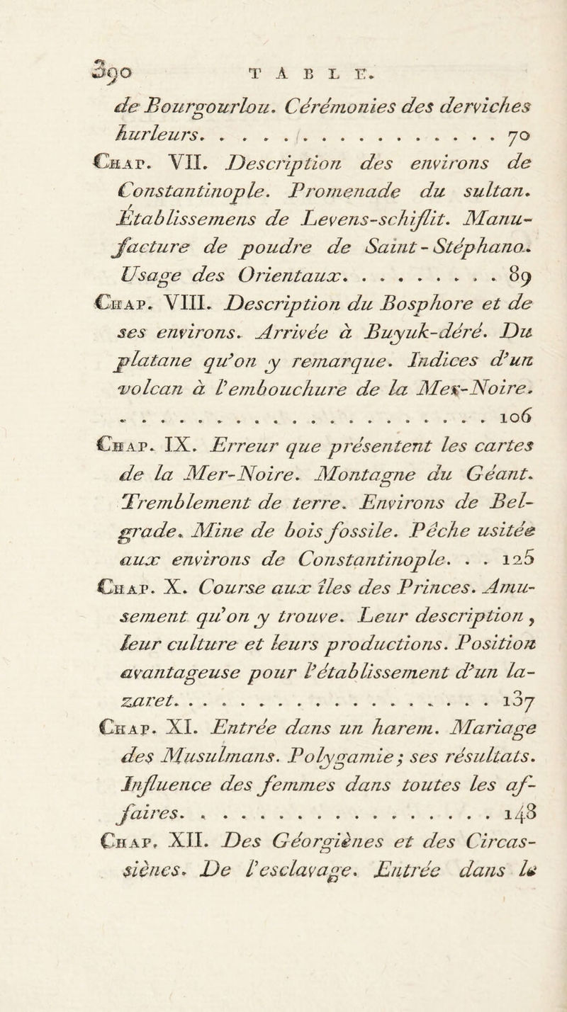 de Bourgourlou, Cérémonies des dernches hurleurs./.70 CliiAr. VIL description des environs de Constantinople. Fromenade du sultan^ F ta 6 lisse/ne ns de Levens-schiflit. ManU'- J'acture de poud/'e de Saint - Stéphano.» Usage des Orientaux.. . 89 Ckap. VIII. description du Bospho/x et de ses environs. Arrivée à Bu^uk-déré. du platane qu^on y remarque. Indices d^un xolcan à Vembouchuix de la MeK-lAoire, ..106 Chap. IX. E/Teur que p/Asentent les cartes de la JMer-Noire, JMontasrne du Géant, 'T/xmblement de terre. Environs de Bel¬ grade, Mine de bois fossile. Pêche usitée aux environs de Constantinople, , , 12.S Chap. X. Course aux îles des Princes, Amu- sement qiCon y trouve. Leur description , leur culture et leu/^s pjxductions, Position avantageuse pour 1 établissement d^un la¬ zaret.187 Chap. XI. Entrée dans un harem. Mariage des Musulmans. Polyga/nie ^ ses résultats, Infuence des fe/nmes dans toutes les af- faii'es, .143 Chap. XII. des GéorAênes et des Ci/'cas- cD siènes, de êesclavage. Entrée dans /é?