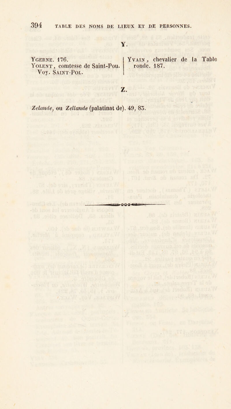 Y. Ygerne. 176. Yvain , chevalier de la Table Yolent, comtesse de Saint-Pou. ronde. 187. Voy. Saint-Pol. Z. Zelande, ou Zellancle (palatinat de). 49, 85.