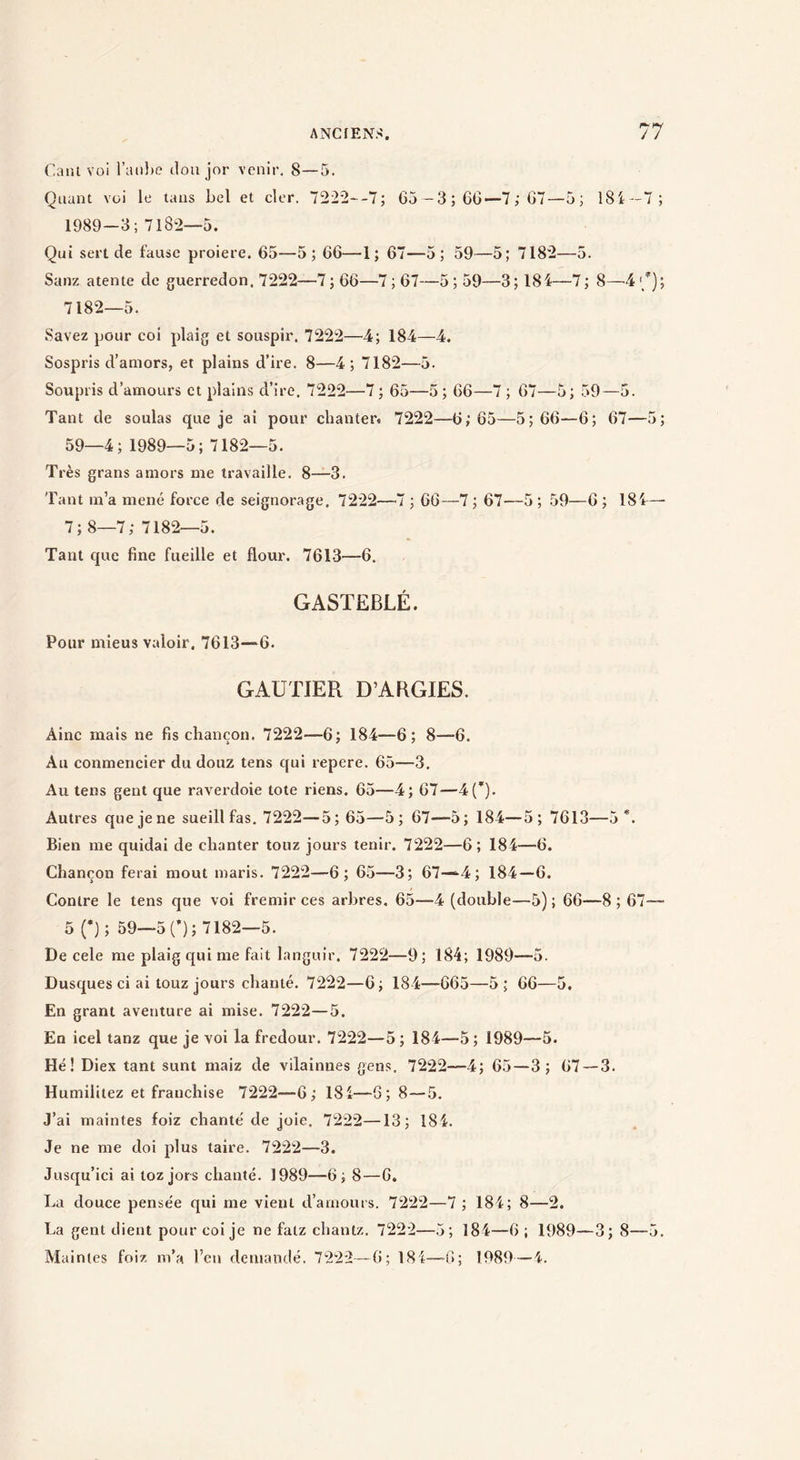 Caul voi raii})e clou jor venir, 8—5. Quant vüi le tans bel et clcr. 7222--7; 65 -3 ; GG—7 ; G7—5 ; I8i -7; 1989—3; 7182—5. Qui sert de fause proiere. 65—5; 66—1; 67—5; 59—5; 7182—5. Sanz atente de guerredon, 7222—7 ; 66—7 ; 67—5 ; 59—3 ; 184—7 ; 8—4 '/) j 7182—5. Savez pour coi plaig et souspir. 7222—4; 184—4. Sospris d’aniors, et plains d’ire. 8—4; 7182—5. Soupris d’amours et plains d’ire, 7222—7 ; 65—5; 66—7 ; 67—5; 59—5. Tant de soûlas que je ai pour chanter. 7222—6; 65—5; 66—6; 67—5; 59—4; 1989—5; 7182—5. Très grans amors me travaille. 8—3. Tant m’a mené force de seignorage. 7222—7 ; 66—7 ; 67—5 ; 59—6 ; 184— 7; 8—7; 7182—5. Tant que fine fueille et flour. 7613—6, GASTEBLÉ. Pour mieus valoir. 7613—6. GAUTIER D’ABGIES. Aine mais ne fis chançon. 7222—6; 184—6; 8—6. Au conmencier du douz tens qui repere. 65—3. Au tens gent que raverdoie tote riens. 65—4; 67—4{’). Autres que je ne sueill fas. 7222—5; 65—5; 67—5; 184—5; 7613—5*. Bien me quidai de chanter touz jours tenir. 7222—6; 184—6. Chançon ferai moût maris. 7222—6; 65—3; 67—4; 184—6. Contre le tens que voi frémir ces arbres. 65—4 (double—5) ; 66—8 ; 67— 5 (*); 59—5(’); 7182—5. De cele me plaig qui me fait languir. 7222—9; 184; 1989—5. Dusques ci ai touz jours chanté. 7222—6; 184—665—5; 66—5. En grant aventure ai mise. 7222—5. En icel tanz que je voi la fredour. 7222—5 ; 184—5; 1989—5. Hé! Diex tant sunt maiz de vilainnes gens. 7222—4; 65—3; 67—3. Humilitez et franchise 7222—6; 184—6; 8—5. J’ai maintes foiz chanté de joie. 7222—13; 184. Je ne me doi plus taire. 7222—3. Jusqu’ici ai toz jors chanté. 1989—G; 8—6. La douce pensée qui me vient d’amours. 7222—7 ; 184; 8—2. La gent client pour coi je ne fatz chantz. 7222—5; 184—6 ; 1989—3; 8—5. Maintes foiz m’a l’en dcnianclé. 7222—6; 184—6; 1989—4.