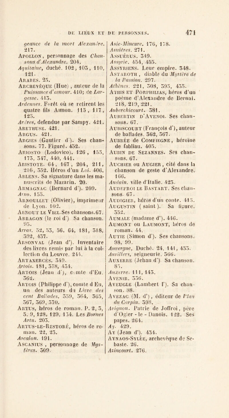 qennce île la mort Alexandre. 217. Apollon, personnage des Chan¬ sons d'Alexandre. 204. Aquitaine, duché. 102, 105, 110, 121. Arabes. 25. Archevêque (Hue) , auteur de la Puissance d'amour. 410; de Lar¬ gesse. 415. Ardennes. Forêt où se retirent les quatre fds Aimon, 115, 117, 125. Ardres, defendue par Sanjpy. 421. Arethüsë. 421. Argus. 421. Argies (Gautier d ). Ses chan¬ sons. 77. Figuré. 452. Ariosto (Lodovico). 126 , 155, 175, 547, 440, 441. x\ristote. 64, 167, 204, 211, 216, 552. Héros d’un Lai. 406. Aelens. Sa signature dans tes ma¬ nuscrits de Mazarin. 20. Armagnac (Bernard d’). 209. Ariio. 155. Arnoullet (Olivier), imprimeur de Lyon. 102. Arnout le ViEL.Ses chansons.67. Arragon (le roi d’) Sa chanson. 95. Arras. 52, 55, 56, 64, 181, 518, 592, 457. Arsonval (Jean d’). Inventaire des livres remis par lui à la col¬ lection du Louvre. 244. Artaxercès. 549. Artois. 181, 578, 454. Artots (Jean d’), c.mte d’Eu. 562. Artois (Philippe d’), comte d Eu, uiî des auteurs du Livre des cent Ballades. 559, 564, 565, 567, 569, 570. Artus, héros de roman. P. 2, 5, 5. 9, 128, 129, 154. Lt?> Bornes Artu. 205. Artus-le-Restoré, héros de ro¬ man. 22, 25. Ascalon. 191. Ascanius , personnage de \hjs- tères. 309. Asie-Mineure. 176, 178. Asjiières. 271. Assuérus. 549. Assyrie. 454, 455. Assyriens. Leur empire. 348. Astaroth , diable du Mystère de la Passion. 297. Athènes. 221, 508, 595, 455. Athis et Porphilias, héros d’un poème d’Alexandre de Bernai. 218, 219, 221. Auberchicourt. 581. Aubertin d’Avenoe Ses chan¬ sons. 67. Aubiscourt (François d’), auteur de ballades. 562, 567. Aubrée de CoMPiEGNE, héroïne de fabliau. 405. Aubin de Sezannes. Ses chan¬ sons. 67. Auchier ou Augier , cité dans la chanson de geste d’Alexandre. 166. Andain. ville d’Italie. 425. Audefeoi le Bastart. Ses chan¬ sons. 67. Audigier, héros d’un conte. 415. Augustin ( saint ). Sa ligure. Aumale (madame d’). 446. Aumont ou Laumont, héros de roman. 44. Autie (Simon d’). Ses chansons. 98, 99. Auvergne, Duché. 24, 141, 455. Auvillers, seigneurie. 566. Auxerre (Jehan d’) Sa chanson. 85. Auxerre. 11 1, 145. Avenir. 556. Aveugle (Lambert 1’). Sa chan¬ son. 88. Avezac (M. d’), éditeur de Plan du Car pin. 598. Avignon. Patrie de Joffroi, îicrc d’Ogier - le - Danois. 122. Ses papes. 264. Ay. 429. Ay (Jean d’). 454. Aynaos-Sylée, archevêque de Se- baste. 26. Axincourt. 276.