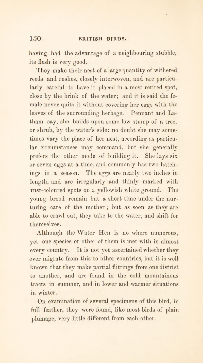 having had the advantage of a neighbouring stubble, its flesh is very good. They make their nest of a large quantity of withered reeds and rushes, closely interwoven, and are particu- larly careful to have it placed in a most retired spot, close by the brink of the water; and it is said the fe- male never quits it without covering her eggs with the leaves of the surroundin<y herbage. Pennant and La- tham say, she builds upon some low stump of a tree, or shrub, by the water’s side: no doubt she may some- times vary the place of her nest, according as particu- lar circumstances may command, but she generally prefers the other mode of building it. She lays six or seven eggs at a time, and commonly has two hatch- ings in a season. The eggs are nearly two inches in length, and are irregularly and thinly marked with rust-coloured spots on a yellowish white ground. The young brood remain but a short time under the nur- turing care of the mother ; but as soon as they are able to crawl out, they take to the water, and shift for themselves. Although the Water Hen is no where numerous, yet one species or other of them is met with in almost every country. It is not yet ascertained whether they ever migrate from this to other countries, but it is well known that they make partial Sittings from one district to another, and are found in the cold mountainous tracts in summer, and in lower and warmer situations in winter. On examination of several specimens of this bird, in full feather, they were found, like most birds of plain plumage, very little different from each other.