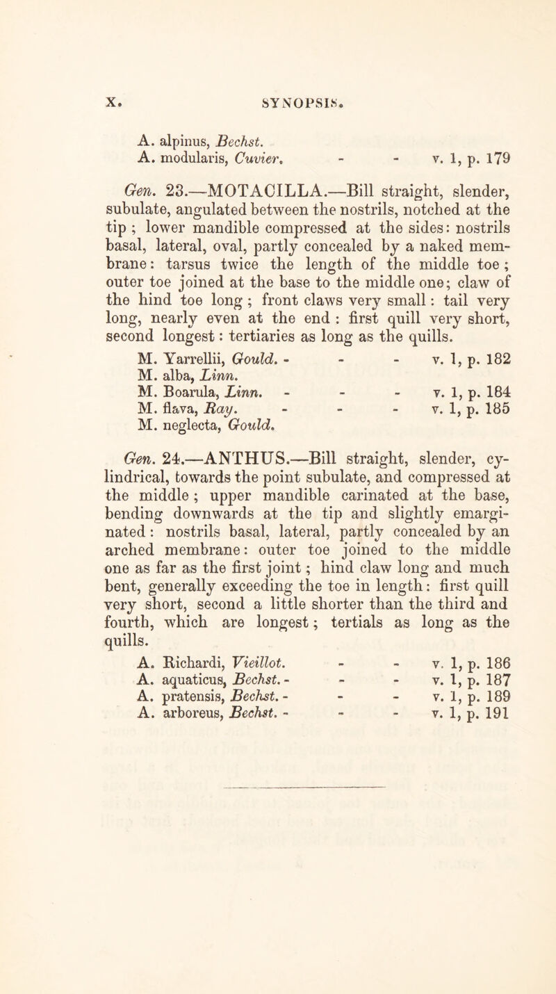 A. alpinus, Bechst. A. modularis, Cuvier^ - - v. 1, p. 179 Gen, 23.—MOTAOILLA.—Bill straight, slender, subulate, angulated between the nostrils, notched at the tip ; lower mandible compressed at the sides: nostrils basal, lateral, oval, partly concealed by a naked mem- brane : tarsus twice the length of the middle toe ; outer toe joined at the base to the middle one; claw of the hind toe long; front claws very small: tail very long, nearly even at the end : first quill very short, second longest: tertiaries as long as the quills. M. Yarrellii, Gould. - - - v. 1, p. 182 M. alba, Linn. M. Boarula, Linn. - - - 1? P* 184 M. flava, i2ay. - - - v. 1, p. 185 M. neglecta, Gould. Gen. 24.—ANTHUS.—Bill straight, slender, cy- lindrical, towards the point subulate, and compressed at the middle ; upper mandible carinated at the base, bending downwards at the tip and slightly emargi- nated: nostrils basal, lateral, partly concealed by an arched membrane: outer toe joined to the middle one as far as the first joint; hind claw long and much bent, generally exceeding the toe in length: first quill very short, second a little shorter than the third and fourth, which are longest; tertials as long as the quills. A. Richardi, Vieillot. A. aquaticus, Bechst. - A. pratensis, Bechst. - V. 1, p. 186 V. 1, p. 187 V. 1, p. 189