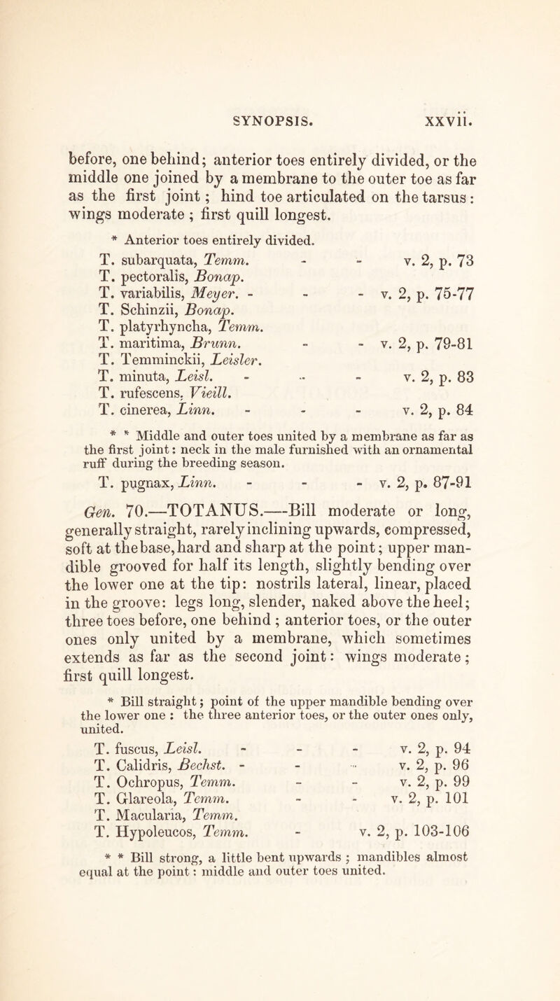 before, one behind; anterior toes entirely divided, or the middle one joined by a membrane to the outer toe as far as the first joint; hind toe articulated on the tarsus : wings moderate ; first quill longest. * Anterior toes entirely divided. T. subarquata, Temm. T. pectoralis, Bonap. T. variabilis, Meyer, - T. Schinzii, Bonap. T. platyrhyncha, Temm. T. maritima, Brunn. T. Temminckii, Leisler. T. minuta, Leisl. T. rufescens. Vieill. T. cinerea, Linn, V. 2, p. 73 V. 2, p. 75-77 V. 2, p. 79-81 V. 2, p. 83 V. 2, p. 84 * Middle and outer toes united by a membrane as far as the first joint; neck in the male furnished with an ornamental ruff during the breeding season. T. pugnax, Linn, - - - v. 2, p. 87-91 Gen, 70.—TOT ANUS.—Bill moderate or long, generally straight, rarely inclining upwards, compressed, soft at the base, hard and sharp at the point; upper man- dible grooved for half its length, slightly bending over the lower one at the tip: nostrils lateral, linear, placed in the groove: legs long, slender, naked above the heel; three toes before, one behind ; anterior toes, or the outer ones only united by a membrane, which sometimes extends as far as the second joint: wings moderate; first quill longest. * Bill straight; point of the upper mandible bending over the lower one ; the three anterior toes, or the outer ones only, united. T. fuscus, Leisl, T. Calidris, Bechst. - T. Ochropus, Temm. T. Grlareola, Temm. T. Macularla, Temm. T. Hypoleucos, Temm. V. 2, p. 94 V. 2, p. 96 V. 2, p. 99 V. 2, p. 101 V. 2, p. 103-106 * * Bill strong, a little bent upwards ; mandibles almost equal at the point; middle and outer toes united.