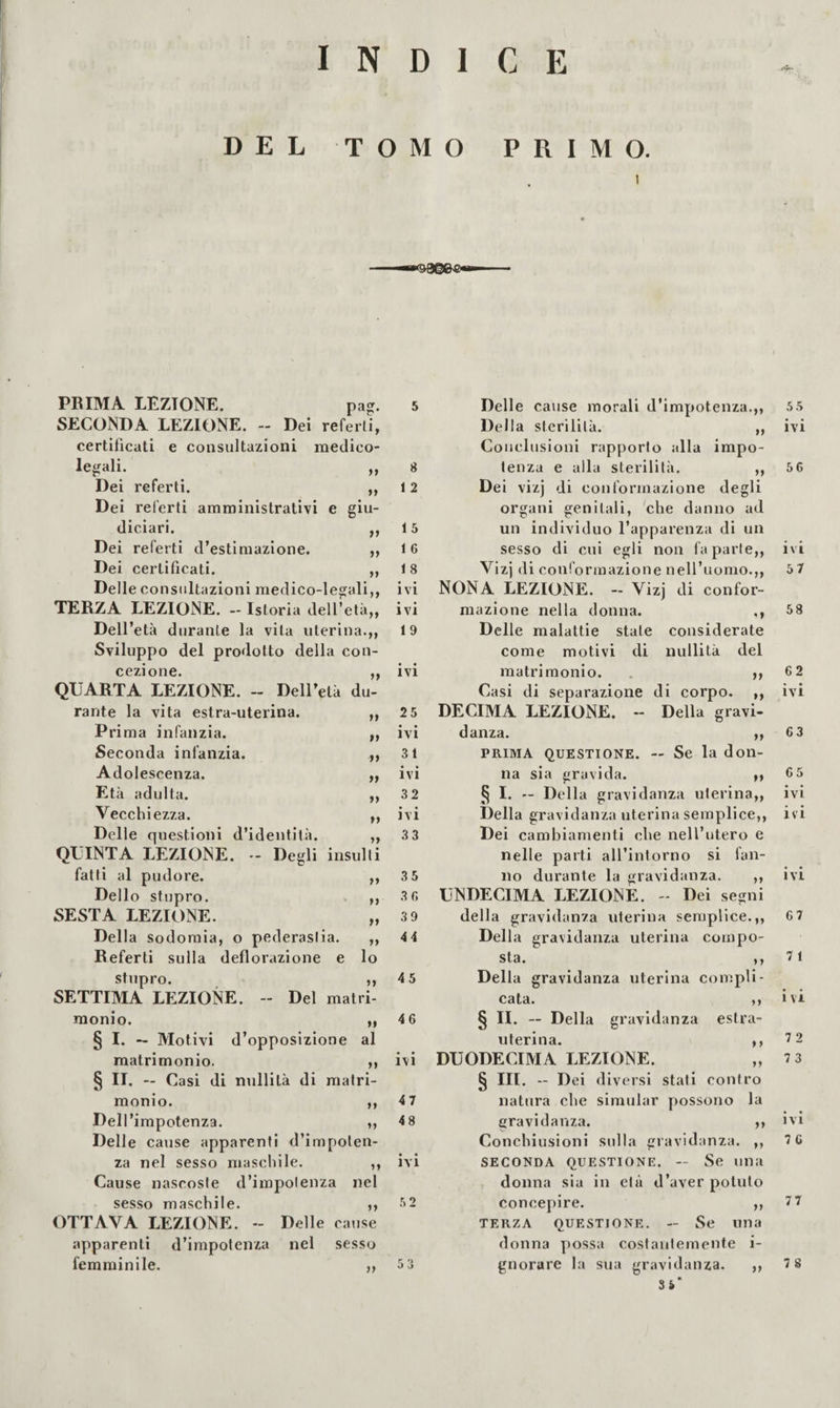 INDICE DEL TOMO PRIMO. }ì t} PRIMA LEZIONE. pag. SECONDA LEZIONE. - Dei referli, certificati e consultazioni medico- legali. Dei referti Dei referti amministrativi e giu- diciari. Dei referti d’estimazione. Dei certificati. Delle consultazioni medico-legali,, TERZA LEZIONE. - Istoria dell’età,, Dell’età durante la vita uterina.,. Sviluppo del prodotto della con¬ cezione. ,, QUARTA LEZIONE. -- Dell’età du¬ rante la vita estra-uterina. Prima infanzia. Seconda infanzia. Adolescenza. Età adulta. Vecchiezza. Delle questioni d’identità. QUINTA LEZIONE. - Degli insulti fatti al pudore. Dello stupro. SESTA LEZIONE. Della Sodomia, o pederastia. Referti sulla deflorazione e stupro »> »» if n tf »» »> >» )» »> ft tf lo M SETTIMA LEZIONE. -- Del matri¬ monio. § I. — Motivi d’opposizione al matrimonio. § II. — Casi di nullità di matri¬ monio. Dell ’impotenza. Delle cause apparenti d’impoten za nel sesso maschile. Cause nascoste d’impotenza nel sesso maschile. ,, OTTAVA LEZIONE. - Delle cause apparenti d’impotenza nel sesso femminile. »» ft ft ff ff tf s 1 2 15 1 6 1 8 ivi ivi 19 ivi 25 ivi 31 ivi 32 ivi 3 3 3 5 3G 39 44 45 46 ivi 47 48 ivi .5 2 53 Delle cause morali d’impotenza.,. Della sterilità. Conclusioni rapporto alla impo¬ tenza e alla sterilità. ,, Dei vizj di conformazione degli organi genitali, 'che danno ad un individuo l’apparenza di un sesso di cui egli non fa parte,, Vizj di conformazione nell’uomo.,, NONA LEZIONE. — Vizj di confor¬ mazione nella donna. ,, Delle malattie state considerate come motivi di nullità del matrimonio. . ), Casi di separazione di corpo. ,, DECIMA LEZIONE. - Della gravi¬ danza. ,, PRIMA QUESTIONE. — Se la doli¬ na sia gravida. m § I. — Della gravidanza uterina,. Della gravidanza uterina semplice,, Dei cambiamenti che nell’utero e nelle parti all’intorno si fan¬ no durante la gravidanza. ,, UNDECIMA LEZIONE. - Dei segni della gravidanza uterina semplice.,. Della gravidanza uterina compo¬ sta. ,, Della gravidanza uterina compii- C3t3.» 99 § II. — Della gravidanza estra- uterina. ,, DUODECIMA LEZIONE. § III. - Dei d iversi stati contro natura che simular possono la gravidanza. Conchiusioni sulla gravidanza. ,, SECONDA QUESTIONE. — Se una donna sia in età d’aver potuto concepire. ,, TERZA QUESTIONE. — Se Una donna possa costantemente i- gnorare la sua gravidanza. 35* tf 5 5 ivi 56 ff IVI 57 58 62 ivi 63 IVI ivi IVI 67 7 1 i vi 7 2 7 3 IVI 76 77 78