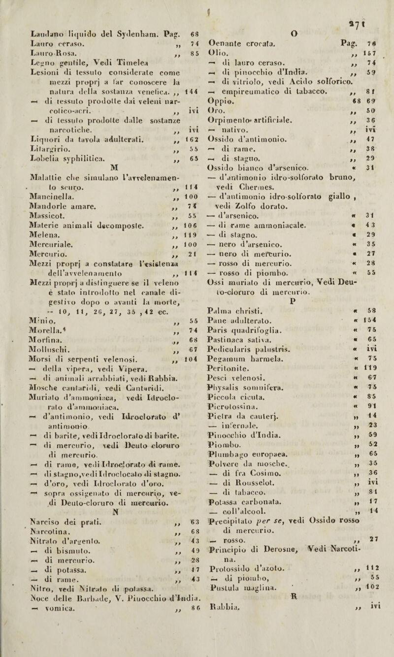 Liiiitluno Ii({tildo del Sydenham. Pag. 63 Lauro ceraso. ,, li Lauro-Rosa. ,, 8 5 Ledilo gentile. Vedi Timelea Lesioni di tessuto considerate come n)C7,zi proprj a lar conoscere la natura della sostanza venefica. ,, 144 —H <11 tessuto prodotte dai veleni nar¬ cotico-acri. ,, ivi —> di tessuto prodotte dalle sostanze narcotiche. ,, ivi Liquori da tavola adulterati. ,, 162 Li largì rio. ,, 5 5 Lohelia syphilitica. ,, 65 M Malattie die simulano l’avvelenamen¬ to scuro. ,, 114 Mancinella. ,, 100 Mandorle amare. ,, 7 4 Massicot. ,, 55 Materie animali decomposte. ,, 106 Melena. ,, 119 Mercuriale. ,, 100 Mercurio. ,, 21 Mezzi proprj a constatare l'cslelenaa dell’a vvelenaniento ,, 114 Mezzi proprj a distiugirere se il veleno é stalo introdotto nel canale di¬ gestivo dopo o avanti la morte, - 10, 1 1 , 20, 27, 35 , 42 ec. Minio. ,, 55 Morel la. 4 ,, 7 4 Morfina. 6 8 Molluschi. ,, 6 7 Morsi di serpenti velenosi. ,, 104 —' della vipera, veili Vipera. —< <li atjiinali arrabbiati, veili Rabbia. Mosche cantaridi, vedi Cantaridi. Muriato d’arumoniaca, vedi Idroclo- rato d’ammouiaca. —' d’antimonio, vedi Idr od orato d’ antimonio di barite, vediIdrodoratodi barite, di mercurio, vedi Dento cloruro di mercurio. — di rame, vedi Idrocloralo <34 rame, di stagno,vedi Idroclocato <li stagno. — d’oro, vedi Idrodorato d’oro, sopra ossigenato di mercurio, ve¬ di Deulo-cloruro di mercurio. N Narciso dei prati. 63 Narcotina. $P 68 Nitrato d’ar<fento. 4 3 di bismuto. f > 49 « di mercurio. 9 9 28 — di potassa. 9 9 1 7 —• di rame. 9 9 43 Nitro, vedi Nitrato di potassa. Moce delle Ilarbade, V. Pinocchio d’india. —' vomica. ,, 8 6 ay t O Cenante crocafa. Pag. 76 Clio. 99 157 di lauro ceraso. 99 74 di pinocchio d’india. 99 59 di vitriolo, vedi Acid o solforico. empireumatico di tabacco. ,, 8 f Cppio. 68 69 Oro. pt 50 Crpimento» artificiale. pp 36 1—' nativo. pp IVI Cssido d’antimonio. pp 47 ^ di rame. pp 33 —< di stagno. pp 29 Cssido bianco d’arsenico 31 — d’antimonio idro-solforato bruno. vedi Cbernies. — d’antimonio idro-solforato giallo , vedi Zolfo dorato. —' d’arsenico. « 31 — di rame ammoniacale. < 4 3 — di stagno. € 29 — nero d’arsenico. n 35 — nero di mei’curio. « 27 — rosso di mercurio. 28 — rosso di piombo. H 55 Cssi muriato di mercurio, Vedi Deu- to-cloruro di mercurio. P Palma ebristi. m. 53 Pane adulterato. « 154 Paris cpiadrifoglia. c< 7 5 Pastinaca saliva. « 65 Pcdicularis palustris. « • IVI Pegamum harraela. 75 Peritonite. « 119 Pesci velenosi. « 67 Physalis soninifera. 7 5 Piccola cicuta. « 85 Picrotossina. 9! Pietra da cauterj. II 14 — in!‘ei’nale. II 23 Pinocchio d’india. II 59 Piombo. II 52 Plumbago europaea. II 65 Polvere da ruosebe.. II 35 — di fra Cosimo. II 36 — di Kousselot. II ivi — di tabacco. II 81 Potassa carbonata. II 17 — ooll’alcool. II 14 Preoipilalo per scj vedi Cssido rosso di mercurio. — rosso. 9 9 27 Principio di Derosne, Vedi Narcoti- na. Protossido d’azoto. pp 112 — di piombo. pp 55 Postula maglina. pp 102 R 99