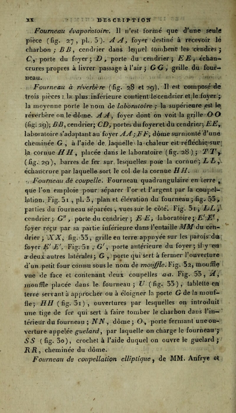 Fourneau évaporaloire. Il n’est formé que d’une seule pièce (fig. 27, pl.,5). AA, foy^r destiné à recevoir le charbon; B B, cendrier dans lequel tombent les cendres ; C, porte du foyer ; D, porte du cendrier; EE, échan¬ crures propres à livrer passage à l’air ; GG, grille du four¬ neau. • ' • . > >1- vr Fourneau à réverbéré (fig. 28 et 29b II est composé de trois pièces: la plus inférieure contient lecendrier et le .foyer ; la moyenne porte le nom de laboratoire $ la supérieure est le réverbère ou le dôme. AA, foyer dont on voit la grille OO (lig; 29); B B, cendrier; CD, portes du foyeret du cendrier; EE, laboratoire s’adaptantau foyer AA ; F F, dôme surmonté d’une cheminée G , à l’aide de. laquelle la chaleur est réfléchie sur la cornue HH, placée dans le laboratoire (fig. 28); T Tr ( fig. 29), barres de fer sur lesquelles pose la cornue; LL, échancrure par laquelle-sort le col de la cornue HH. Fourneau âè coupelle. Fourneau quadrangulaire en terre , que l'on emploie pour séparer l’or et l’argent par la coupel¬ lation. Fig. 51 , pl. 5, plan et élévation du fourneau ; fig- 55, paities du fourneau séparées , vues sur le côté. Fig. 5i, LL , cendrier; G , porte du cendrier ; EE, laboratoire; E' E', foyer reçu par sa partie inférieure dans l’entaille MM du cen¬ drier ; XX, fig. 35, grille en terre appuyée sur les parois du foyer E' E'. Fig. 5r ,• G', porte antérieure du foyer ; il y en a deux autres latérales; G , porte qui sert à fermer l’ouverture d’un petit four connu sous le nom de moujfle. Fig. 32, modifie vue de face et contenant deux coupelles a a. Fig. 35, A, inonffie placée dans le fourneau; U (fig. 33), tablette en terre servant à approcher ou à éloigner In porte G-de la niouf- 11e; HH (fig. 01), ouvertures par lesquelles on introduit une tige de fer qui sert à faire tomber le charbon daus l’in¬ térieur du fourneau ; N N , dôme; O, porte fermant une ou¬ verture appelée guelard, par laquelle on charge le fourneau'; SS ( fig. 3o), crochet à l’aide duquel on ouvre le guelard ; R R, cheminée du dôme. Fourneau de coupellation elliptique, de MM. Ànfrye et