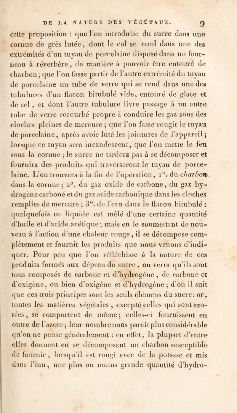 cotte proposition : que l’on introduise du sucre dans une cornue de grès lutée, dont le col se rend dans une des extrémités d’un tuyau de porcelaine disposé dans un four¬ neau à réverbère, de manière à pouvoir être entouré de charbon; que l’on fasse partir de l’autre extrémité du tuyau de porcelaine un tube de verre qui se rend dans une des tubulures d’un flacon bitubulé vide, entouré de glace et de sel , et dont l’autre tubulure livre passage à un autie tube de verre recourbé propre à conduire les gaz sous des cloches pleines de mercure ; que l’on fasse rougir le tuyau de porcelaine, après avoir luté les jointures de l’appareil ; lorsque ce tuyau sera incandescent, que l’on mette le feu sous la cornue ; le sucre ne lardera pas à se décomposer et fournira des produits qui traverseront le tuyau de porce¬ laine. L’on trouvera à la lin de l’opération, i°. du charbon dans la cornue; ri°. du gaz oxide de carbone, du gaz hy¬ drogène carboné et du gaz acide carbonique dans les cloches remplies de mercure ; 3°. de l’eau dans le flacon bitubulé : quelquefois ce liquide est mêlé d’une certaine quantité d’huile et d’acide acétique; mais en le soumettant de nou¬ veau à l’action d’une chaleur rouge, il se décompose com¬ plètement et fournit les produits que nous venons d’indi¬ quer. Pour peu que l’on réfléchisse à la nature de ces produits formés aux dépens du sucre, on verra qu’ils sont tous composés de carbone et d’hydrogène , de carboue et d’oxigène, ou bien d’oxigène et d’hydrogène; d’où il suit que ces trois principes sont les seuls élémens du sucre: or, toutes les matières végétales, excepté celles qui sont azo¬ tées , se comportent de même ; celles-ci fournissent en outre de l’azote; leur nombrenoas parait plus considérable qrï’on ne pense généralement : en effet, la plupart d’entre elles donnent en se décomposant un charbon susceptible de fournir , lorsqu’il est rougi avec de la potasse et mis dans l’eau, une plus ou moins grande quantité d’hydro-