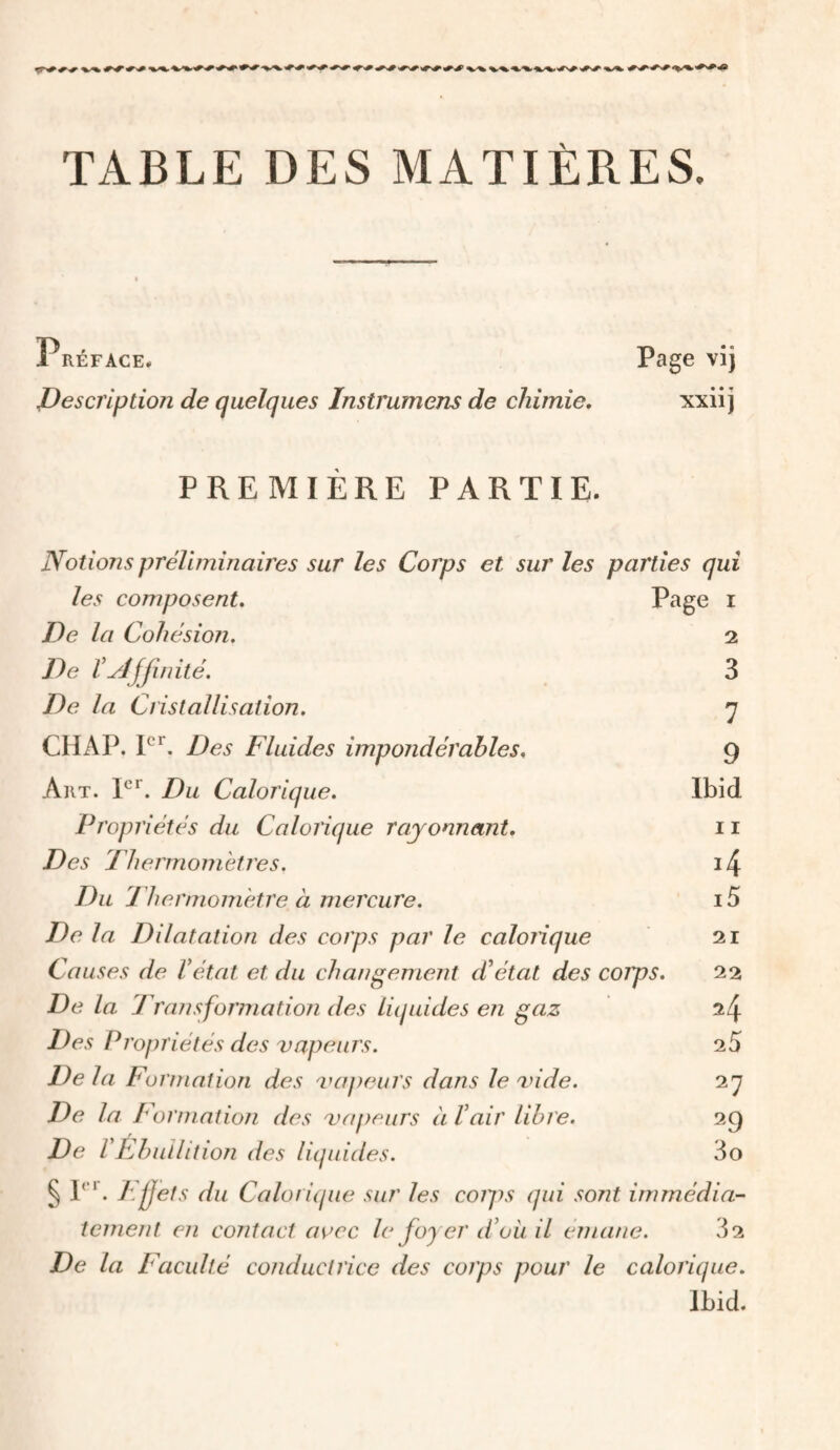 TABLE DES MATIÈRES. P RÉFACE. Page vij jDescription de quelques Instrumens de chimie, xxii j PREMIÈRE PARTIE. Notions préluninaires sur les Corps et sur les parties qui les composent. Page i De la Cohésion, 2 De éyJJJinité. 3 De la Cristallisation. 7 CH A P. Des Fluides impondérables, 9 Art. Du Calorique. Ibid Propriétés du Calorique rayonnant, 11 Des Thermomètres. i4 Du Thermomètre à mercure. i5 De la Dilatation des corps par le calonque 21 Causes de Vétat et du changement d^état des coips. 22 De la Transformation des Uijuides en gaz 2^ Des Propriétés des vapeurs. 2.5 De la Formation des vapeurs dans le vide. 27 De la formation des vapeurs à Pair libre. 29 De VEhuilition des liquides. 3o § P*', effets du CaloriiHie sur les cotps qui sont immédia¬ tement en contact aoec le foyer d’oii il émané. 32 De la Faculté conductrice des corps pour le calorique. Ibid.