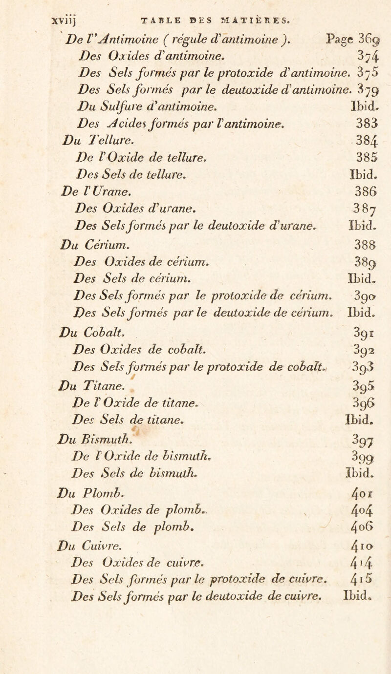 De T*Antimoine ( régule cVantimoine ). Page 36^ Des Oaides (Tantimoine, 3^4 Des Sels formés par le protoxide dantimoine. 3y5 Des Sels formés parle deutoxide dé antimoine. 3y9 Du Sulfure d'antimoine. Des Acides formés par Vantimoine. Du léllure. De V Oxide de tellure. Des Sels de tellure. De VUrane. Des Oxides d'urane. Des Sels formés par le deutoxide d'urane. Ibid, 383 384 385 Ibid. 386 3 87 Ibid. Du Cérium. Des Oxides de cérium. Des Sels de cérium. Des Sels formés par le protoxide de cérium. Des Sels formés parle deutoxide de cénum. Du Cobalt. Des Oxides de cobalt. Des Sels formés par le protoxide de cobalt. Du Titane. De V Oxide de titane. Des Sels de titane. Du Bismuthi De l Oxide de bismuth. Des Sels de bismuth. 388 389 Ibid. 890 Ibid. Ibid. 397 3!)9 Ibid. Du Plomb. 4^ ^ Des Oxides de plomb, , Des Sels de plomb. 4^6 Du Cuiore. l^io Des Oxides de cuiore. 4'4 Des Sels formés par le protoxide de cuiure. 4 * ^ Des Sels formés par le deutoxide de cuwre. Ibid»