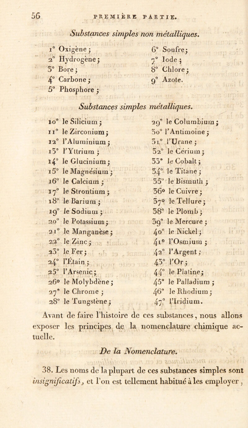 Substances simples non métalliques* i Oxigène • 6® Soufre; 2 Hydrogène ^ 7® Iode ; 3° Bore : 5 / 8® Chlore; 4° Carbone; 9® Azote. 5® Phosphore ; Substances simples métalliques. 10® le Silicium; 29” le Columbium II® le Zirconium; 5o® l’Antimoine ; 12® TA lu minium; Oi,® l’ürane ; i5® rYttrium ; 32° le Cérium; ï4^ le Glucinium; 53® \e Cobalt ; i5® le Magnésium; 34°^ le Titane ; 16® le Calcium ; ' 35® le Bismuth ; 17® le Strontium ; 36® le Cuivre; 18® le Barium ; 37® le Tellure; 19® le Sodium ; - 38® le Plomb ; 20® le Potassium; 39® le Mercure ; 21® le Manganèse; 40° le Nickel ; 22® le Zinc ; 4i® l’Osmium ; 23® le Fer; 42® l’Argent; 24° rÉtain ; . 45® l’Or; 25® l’Arsenic ; 44” le Platine; 26° le Molybdène; 45® le Palladium ; 27® le Chrome ; 46® le Rhodium; 28® le Tungstène; 47® l’Iridium. Avant de faire l’iiistoire de ces substances, nous allons exposer les principes de la nomenclature chimique ac¬ tuelle. De la Nomenclature. 38. Les noms de la plupart de ces substances simples sont ùisignificatifs^ et l’on est tellement habitué à les employer ,