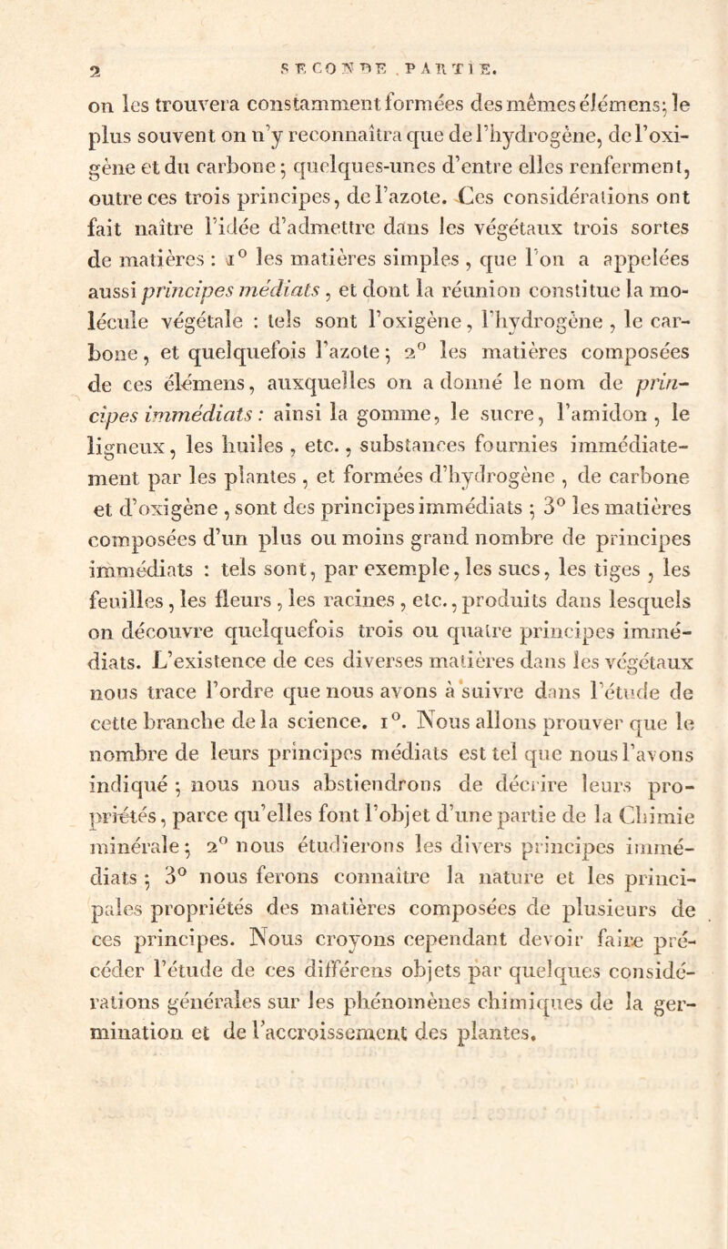 on les trouvera constamment formées des mêmes élém ensile plus souvent on n’y reconnaîtra que de l’hydrogène, del’oxi- gène et du carbone ^ quelques-unes d’entre elles renferment, outre ces trois principes, de l’azote. Ces considérations ont fait naître l’idée d’admettre dans les végétaux trois sortes de matières : les matières simples , que l’on a appelées aussi principes médiats , et dont la réunion constitue la mo¬ lécule végétale : tels sont l’oxigène, l’hvdrogène , le car¬ bone , et quelquefois l’azote 5 2^ les matières composées de ces élémens, auxquelles on adonné le nom de pnn^ cipes immédiats : ainsi la gomme, le sucre, l’amidon, le ligneux, les huiles , etc., substances fournies immédiate¬ ment par les plantes , et formées d’hydrogène , de carbone et d’oxigène , sont des principes immédiats ^ 3° les matières composées d’un plus ou moins grand nombre de principes immédiats : tels sont, par exemple, les sucs, les tiges , les feuilles, les fleurs , les racines , etc., produits dans lesquels on découvre quelquefois trois ou quatre principes immé¬ diats. L’existence de ces diverses matières dans les végétaux nous trace l’ordre c[ue nous avons à‘suivre dans l’étude de cette branche delà science, i®. Nous allons prouver que le nombre de leurs principes médiats est tel que nous l’avons indiqué ^ nous nous abstiendrons de déei ire leurs pro¬ priétés, parce qu’elles font l’objet d’une partie de la Chimie minérale; 2” nous étudierons les divers principes immé¬ diats ; 3^ nous ferons connaître la nature et les princi¬ pales propriétés des matières composées de plusieurs de ces principes. Nous croyons cependant devoir fair^ pré¬ céder l’étude de ces différens objets par quelques considé¬ rations générales sur les phénomènes chimiques de la ger¬ mination et de raccroissement des plantes.